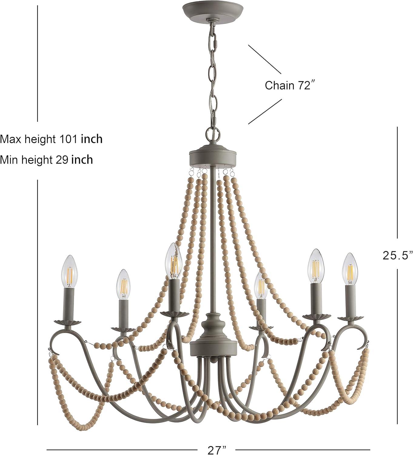 Rustica 6-Light 27" Adjustable Greige Metal/Wood Bead LED Chandelier, Grey/Natural
