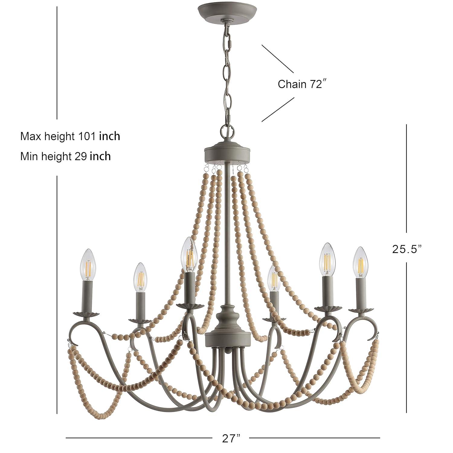 JONATHAN Y JYL9060A Rustica 6-Light 27" Adjustable Greige Metal/Wood Bead LED Chandelier, Classic, French Country for living room, dinning room, bedroom, office Bulb Included, Grey/Natural