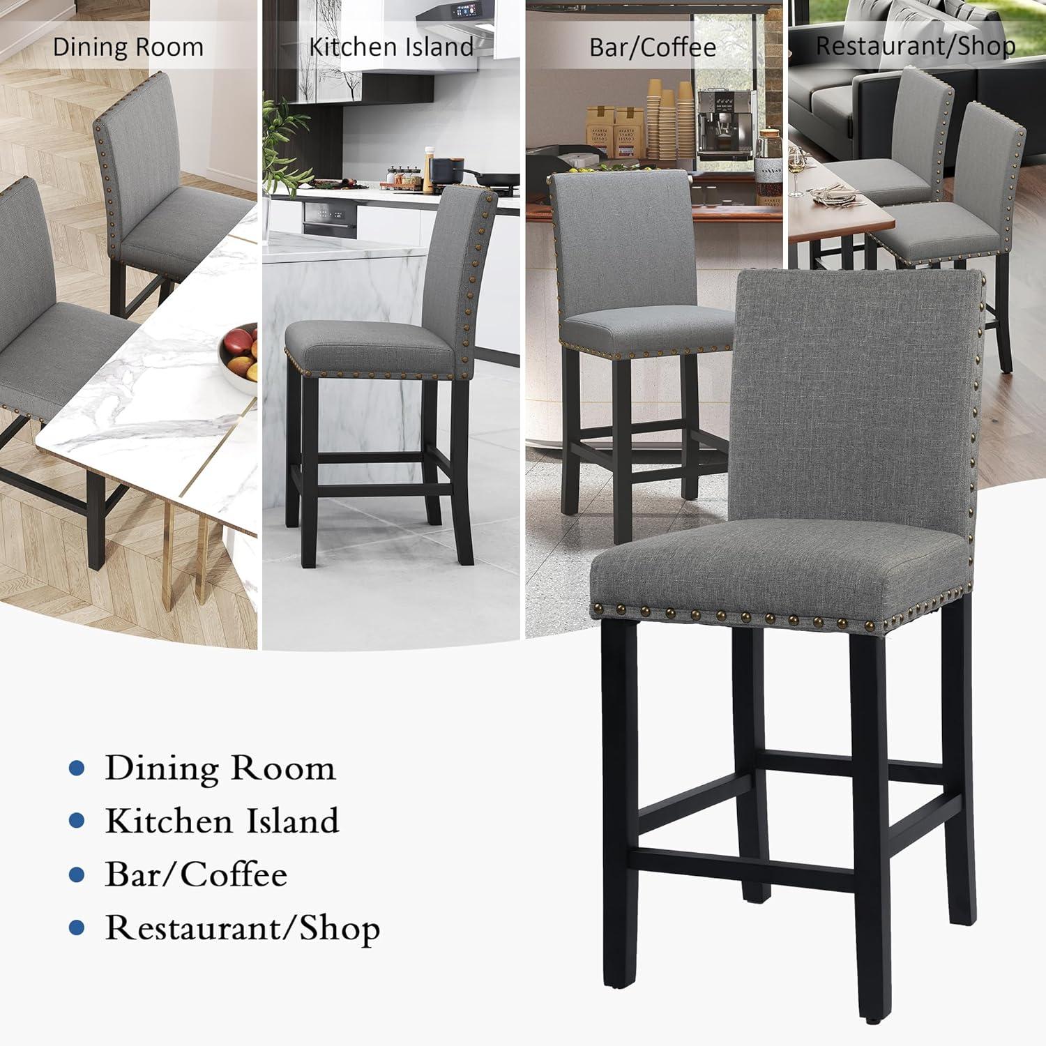 GOTMINSI Counter Height Bar Stool, Classic Upholstered 24 Inches Counter Height Stools Set of 4 barstools with Solid Wood Legs and Grey Fabric