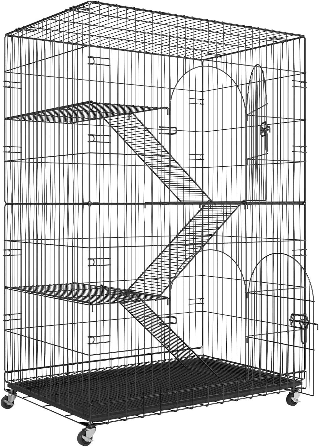 Large Black and Gray Rolling Metal Cat Cage with Hammock