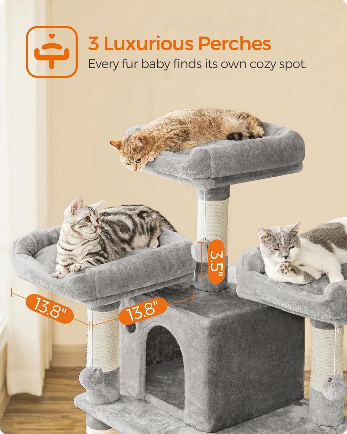 FEANDREA 67-Inch Multi-Level Cat Tree for Large Cats with Cozy Perches Stable Light Gray