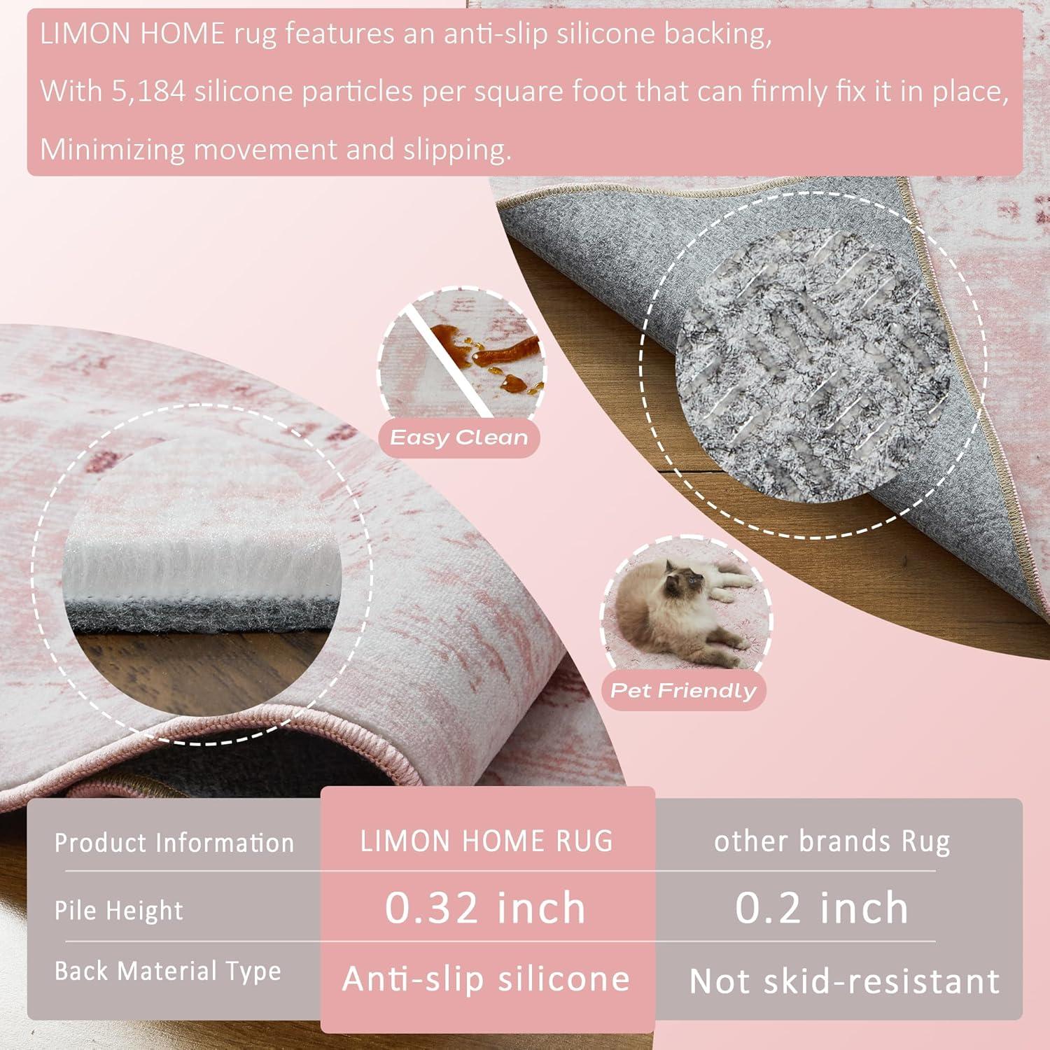 LIMON HOME Light Pink Nursery Area Rug 6x9 for Bedroom Girls,Washable Baby Blush Pink Boho Floral Rug,Super Soft Faux Wool Machine Washable Carpet Area Rugs for Kids Room Playroom