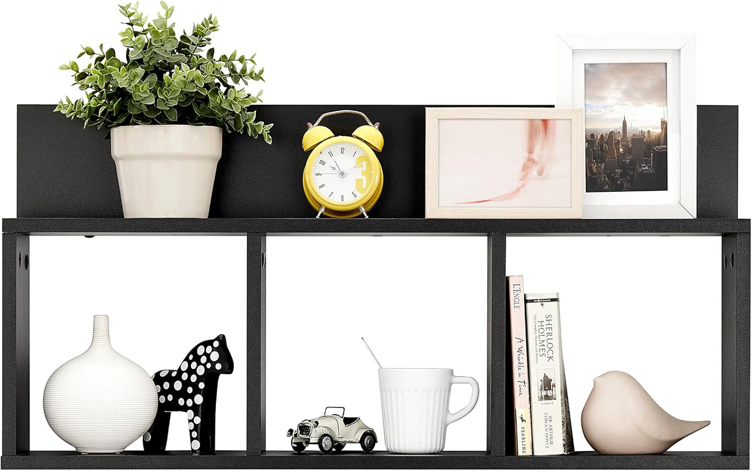 Danya B. 31.5" x 15.7" Modern 3 Cube Floating Wall Shelf with Display Ledge Black: Mid-Century Style, MDF & Iron