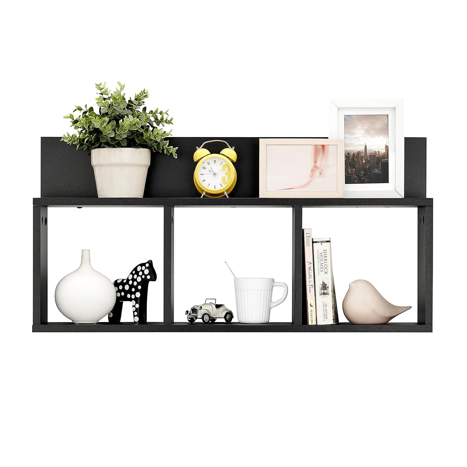 Danya B. 31.5" x 15.7" Modern 3 Cube Floating Wall Shelf with Display Ledge Black: Mid-Century Style, MDF & Iron
