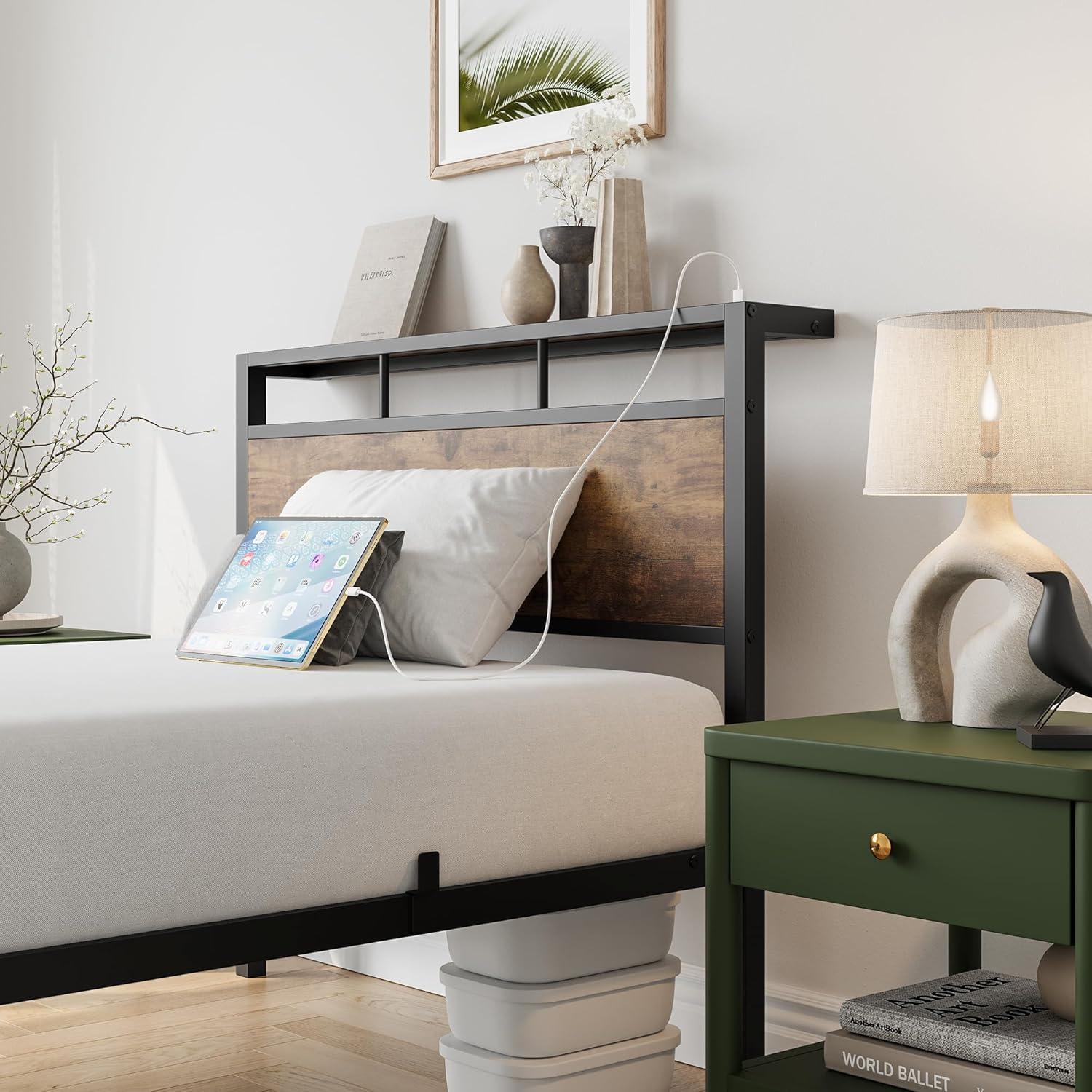 LegaHome Full Bed Frame, Metal Platform Bed with Storage Headboard and Charging Station, Strong Slat Support, Full Size Bed Frame for Kids Teens Adults, No Box Spring Needed, Black