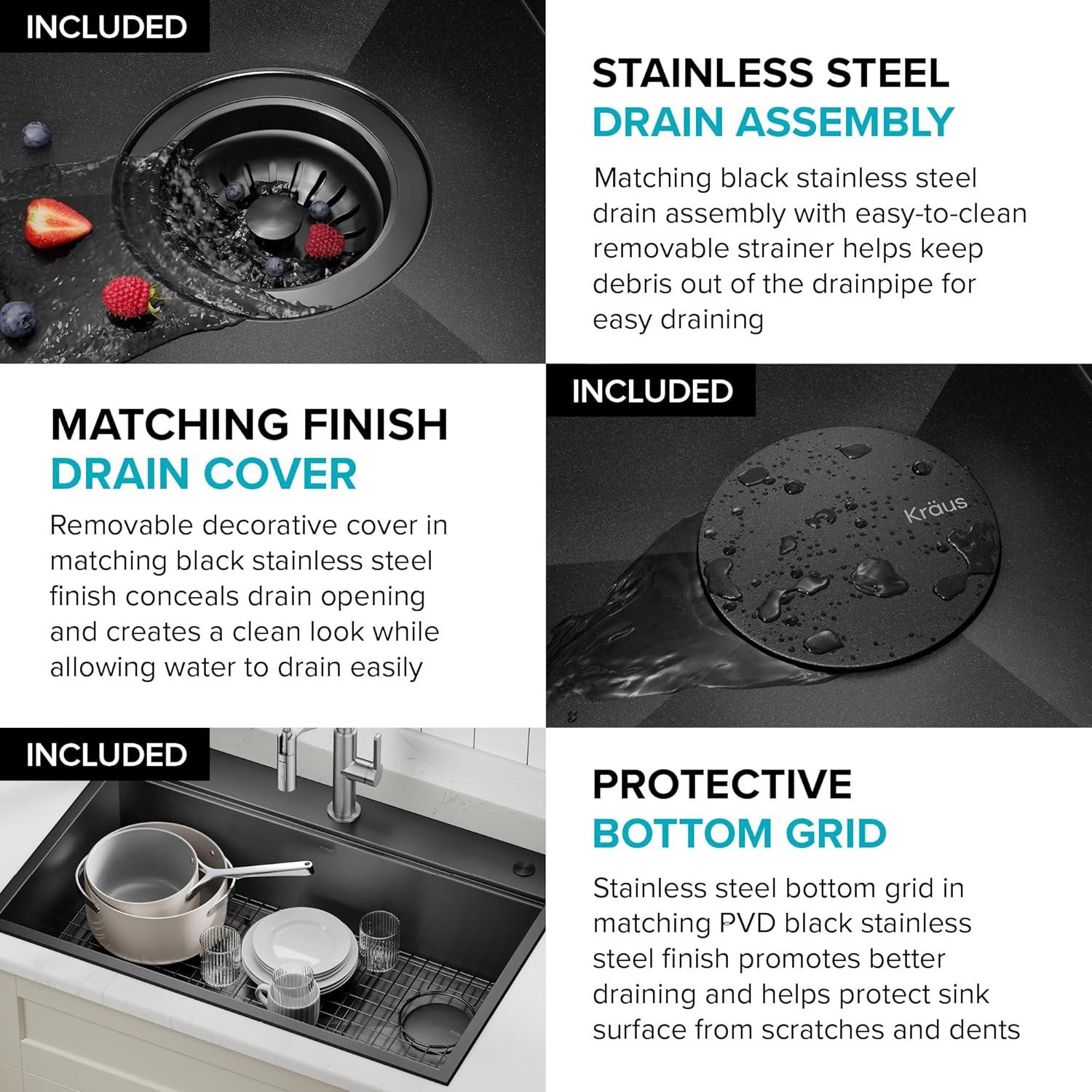 KRAUS Kore™ Workstation 33" L Top Mount Drop-In 16 Gauge Black Stainless Steel Single Bowl Kitchen Sink