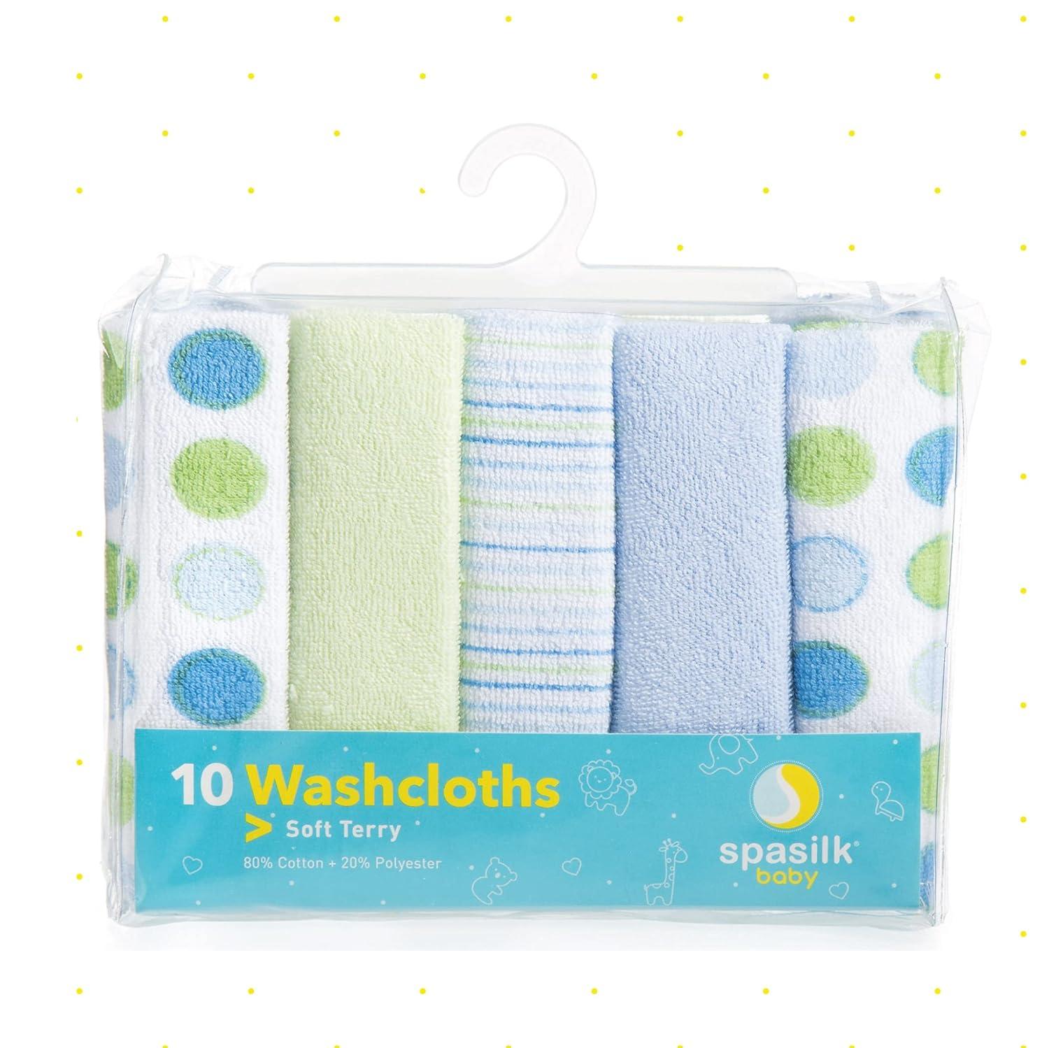 Spasilk Baby Washcloth Wipes Set for Infant Boys and Girls, Terry Bath Scrub, Pack of 10, Blue Dots