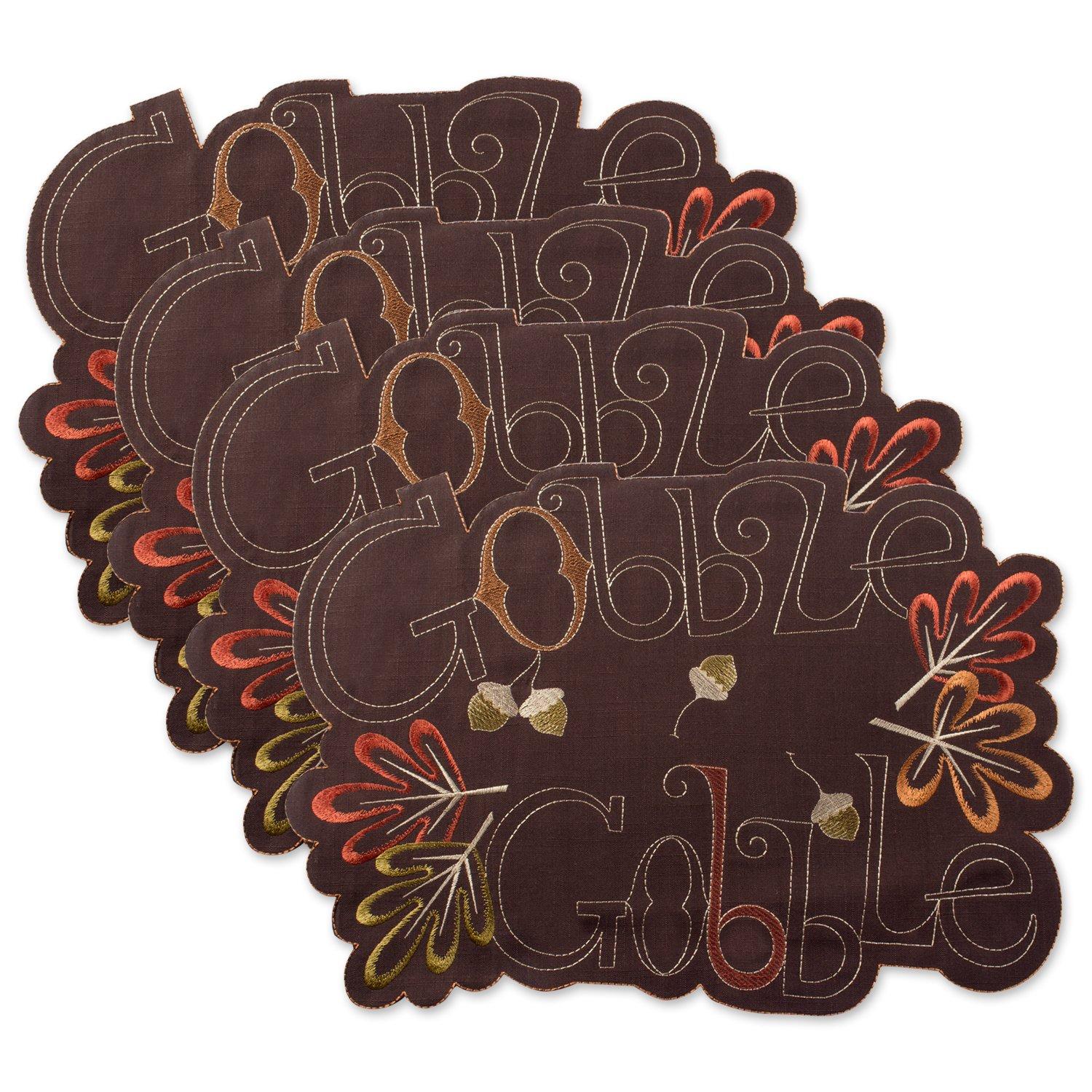 4pk Gobble Embroidered Placemat Brown - Design Imports: Machine Washable, Leaf Pattern, Novelty Shape