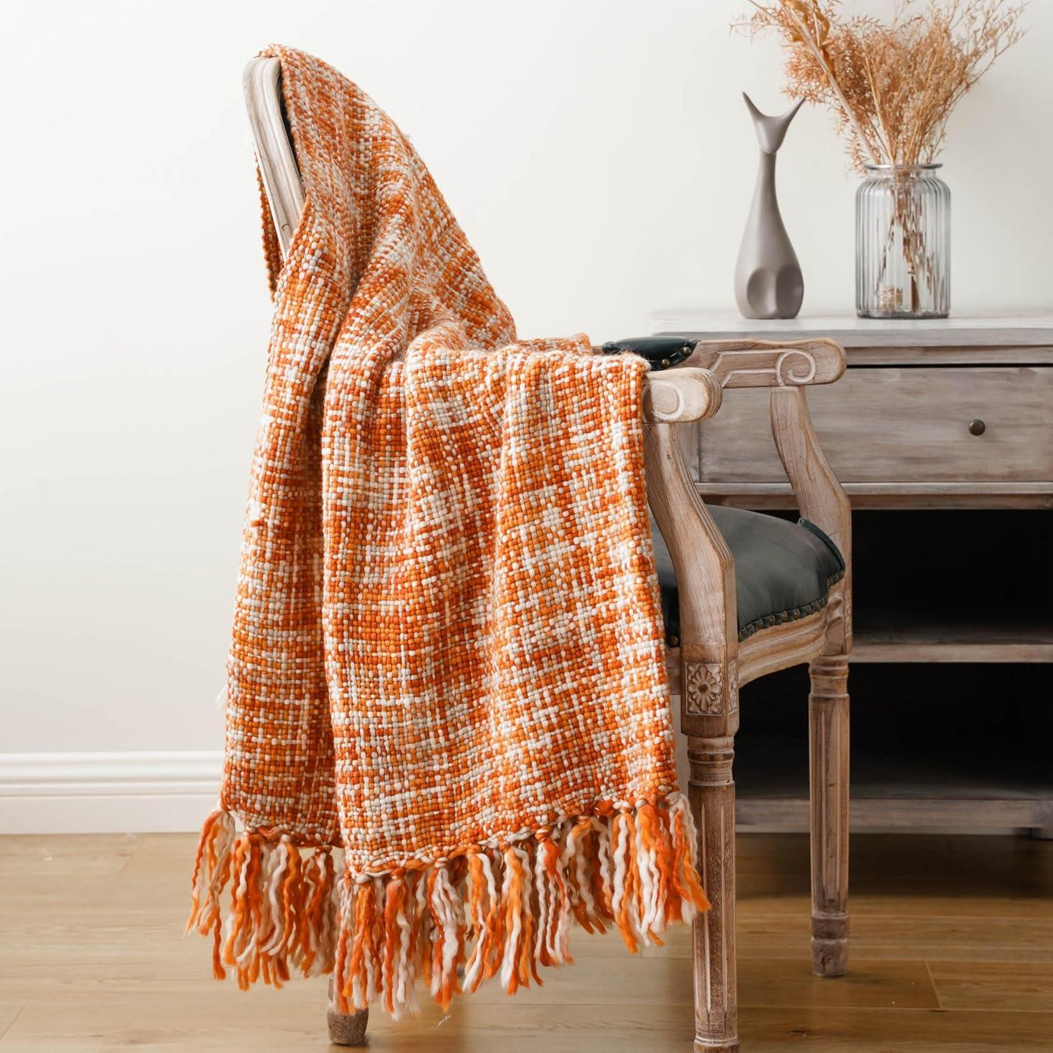 Brick Red Knitted Acrylic Throw Blanket with Fringes, 50"x60"
