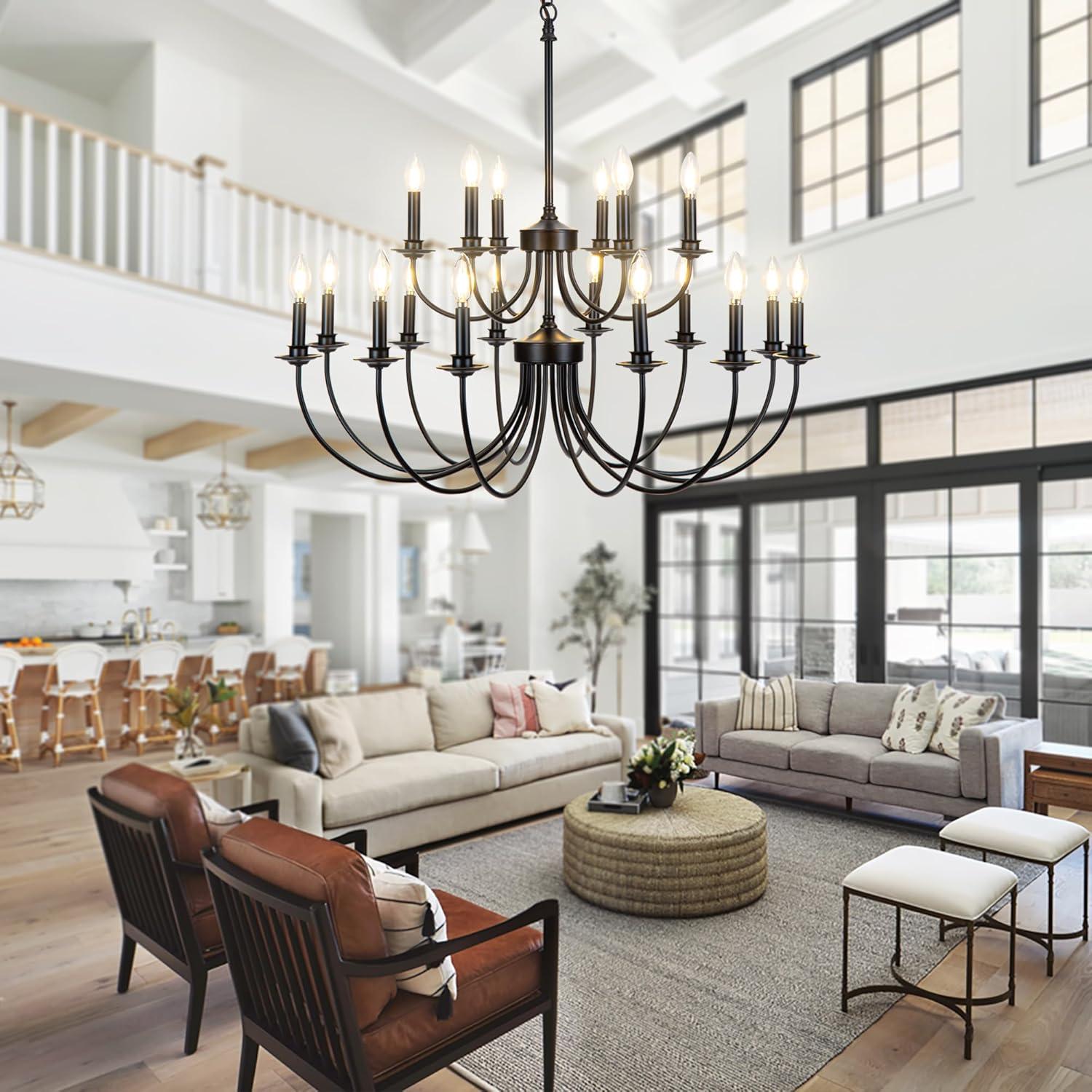 Gracie Oaks Vintage Farmhouse 18-Light 2-Tier Black Chandelier, Retro Round Pendant Light Fixture For Industrial Decor