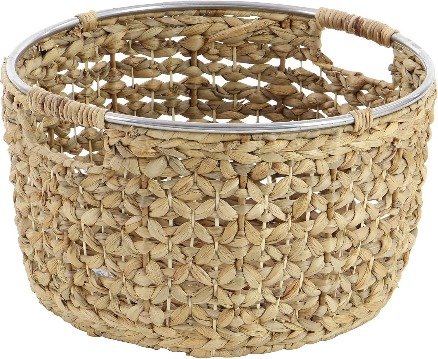 Polished Seagrass Round Storage Basket with Metal Handles