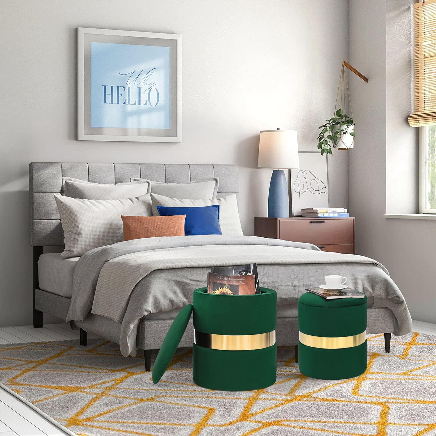 Green Velvet Round Storage Ottoman Set with Gold Accent