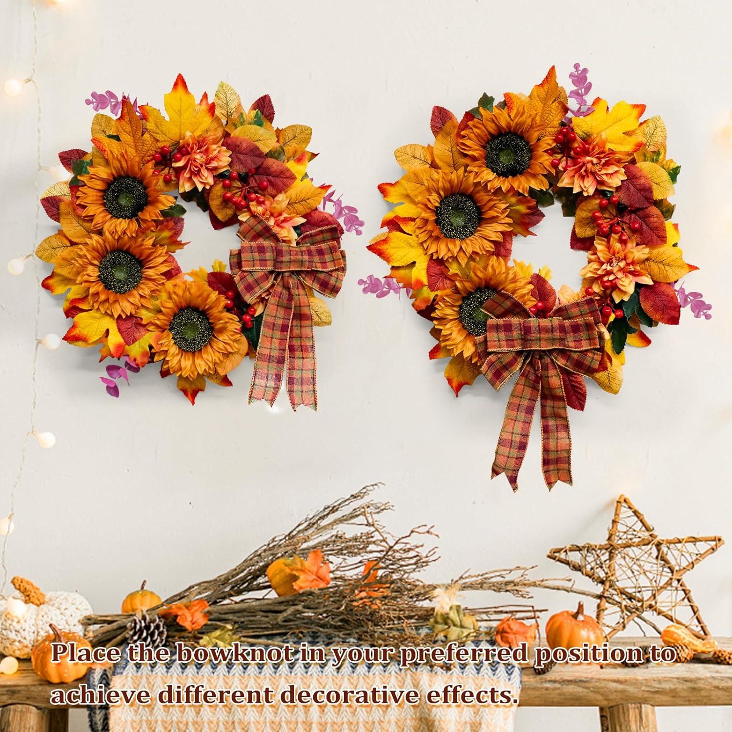 Thanksgiving Wreaths for Front Door,20 Inch Autumn Harvest Wreath with Pumpkin and Maple Leaf Decorations, Perfect for Home Outside Farmhouse Indoor Decor,Black&White Ribbon