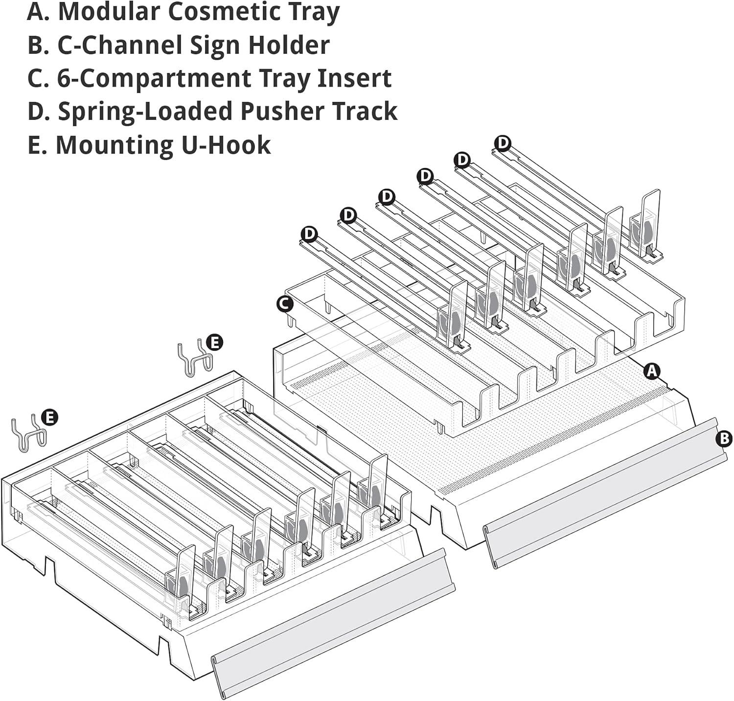 Azar Displays Clear 6 Compartment Divider Bin Cosmetic Tray with Pushers - 6 Slots per Tray, 2-Pack (Set of 2)