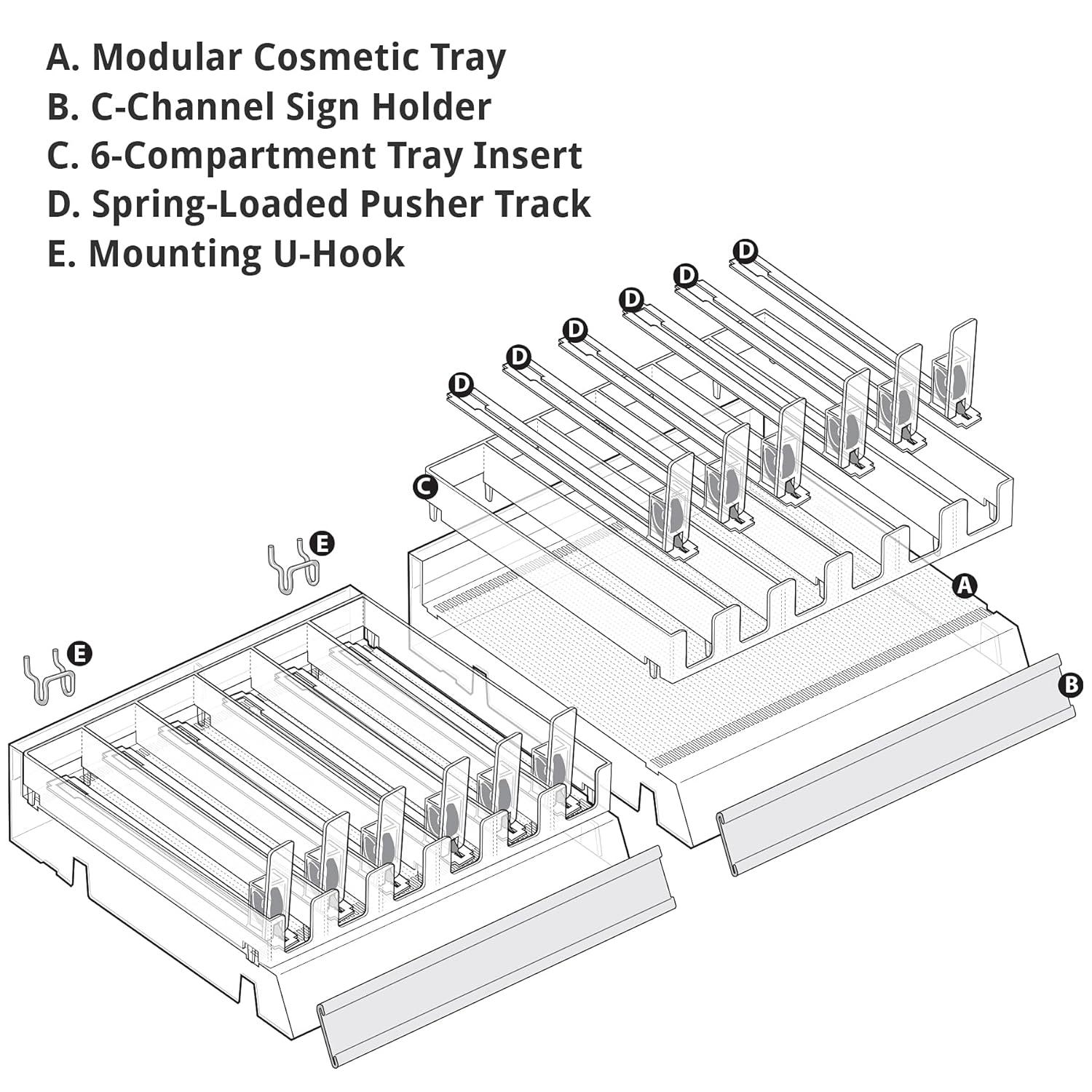 Azar Displays Clear 6 Compartment Divider Bin Cosmetic Tray with Pushers - 6 Slots per Tray, 2-Pack (Set of 2)