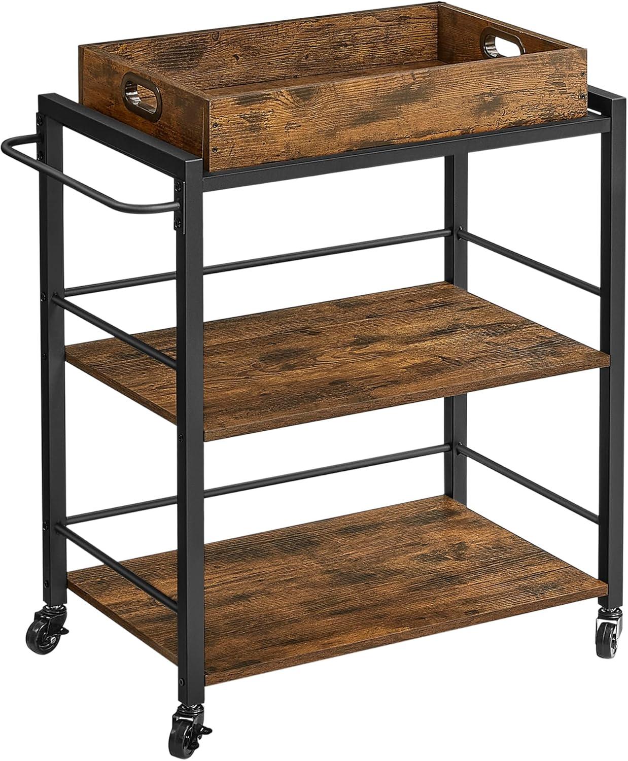 VASAGLE Industrial Bar Cart, Kitchen Serving Cart, 3-Tier Beverage Cart, Rustic Brown and Black