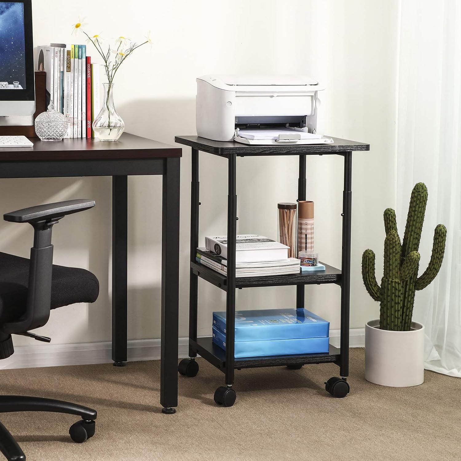 Adjustable Black Metal 3-Tier Printer Stand with Wheels