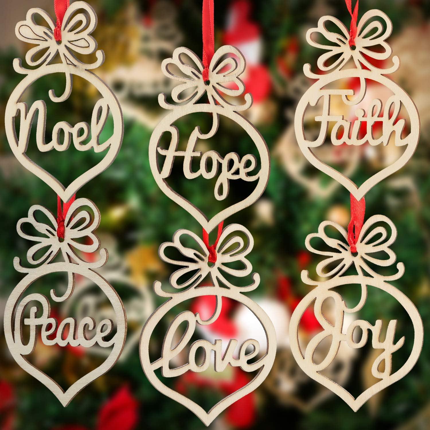 Set of 30 Wooden Christmas Hanging Ornaments with Red Ribbon