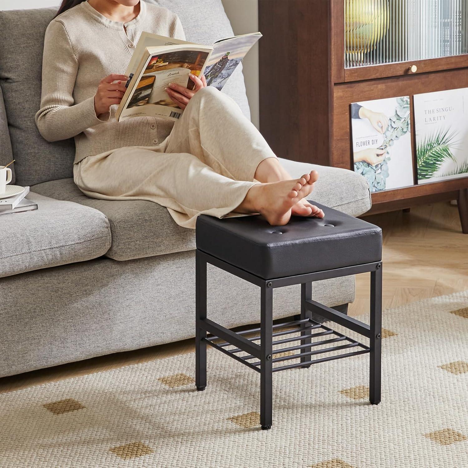 Everly Quinn Square Makeup Stool With Adjustable Feet And Storage Space, Footrest Stool, PU Seat Vanity Stool, Multi-Use As Small Side Table Or Ottoman, Black