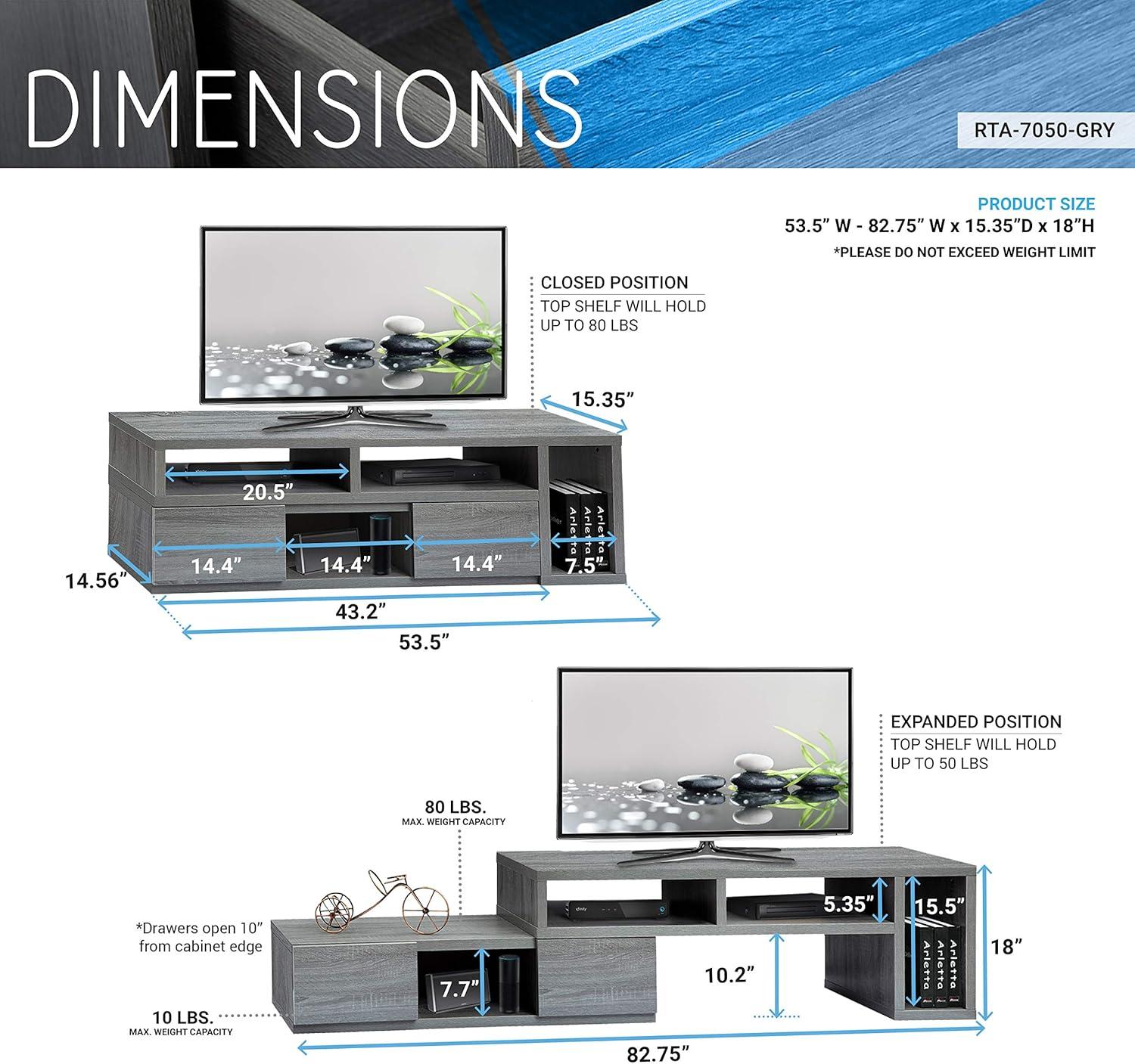 Adjustable TV Stand for TVs up to 65" Console Gray - Techni Mobili: Expandable, with Open Shelves & Metal Hardware