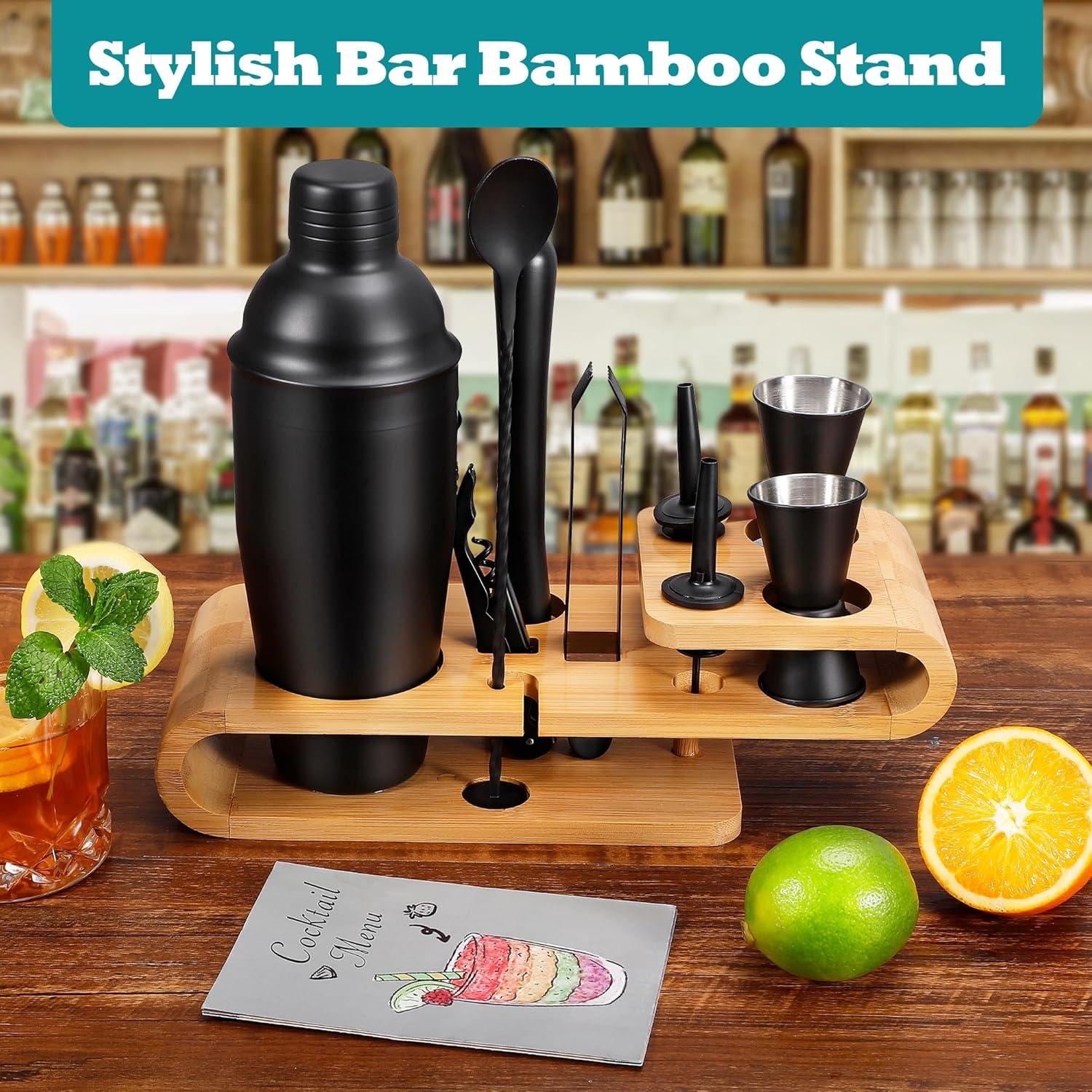 Black Stainless Steel 12-Piece Cocktail Shaker Set with Bamboo Stand