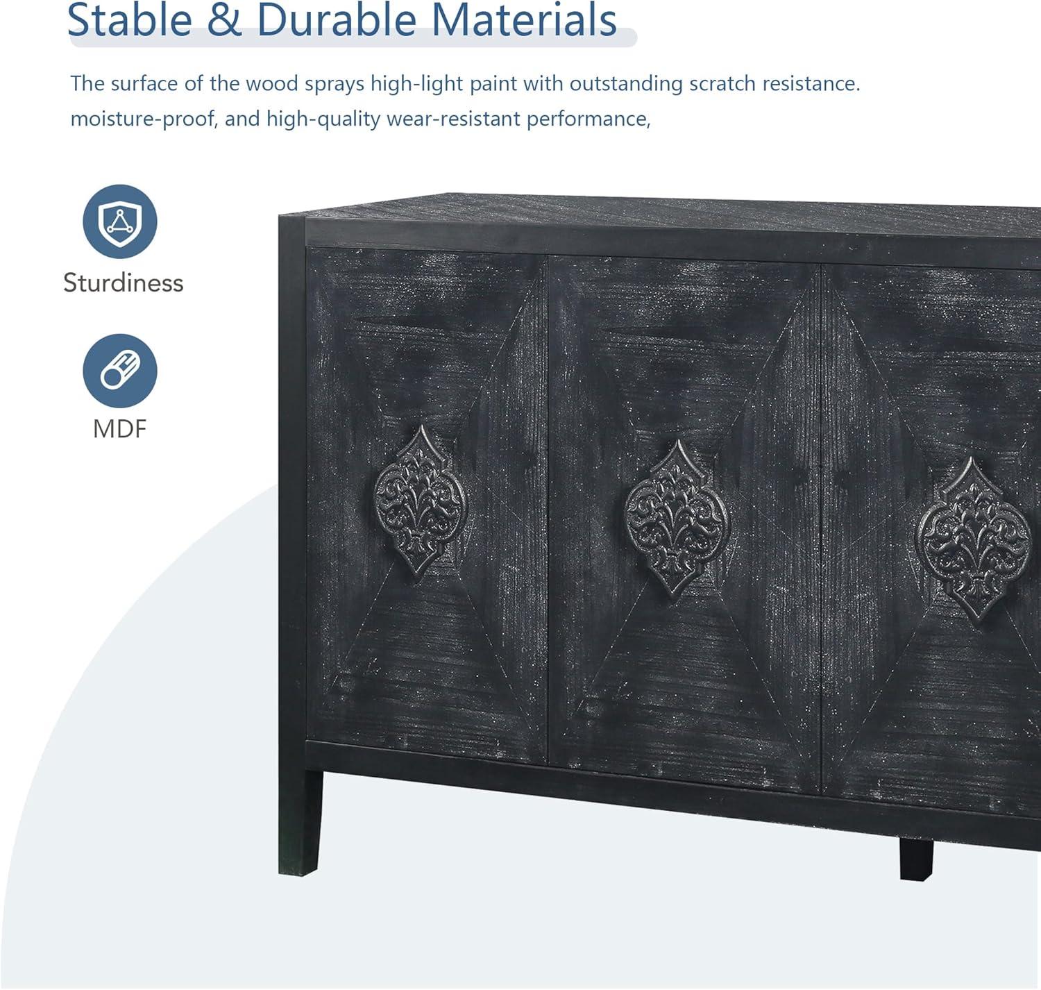 Sideboard Buffet Cabinet, Wooden Storage Cabinet with Carved Flower Door Handle, Retro Style Kitchen Sideboard Console Table for Living Room, Dining Room, Hallway, Entryway, Antique Black