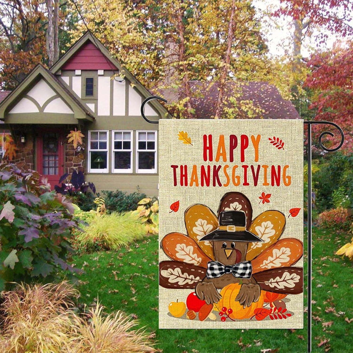 Thanksgiving Turkey Garden Flag 12 x 18 inch Double Sided Outside decorations, Fall Small Garden Flags,Thanksgiving Harvest Garden Flag For Outdoor Yard Lawn