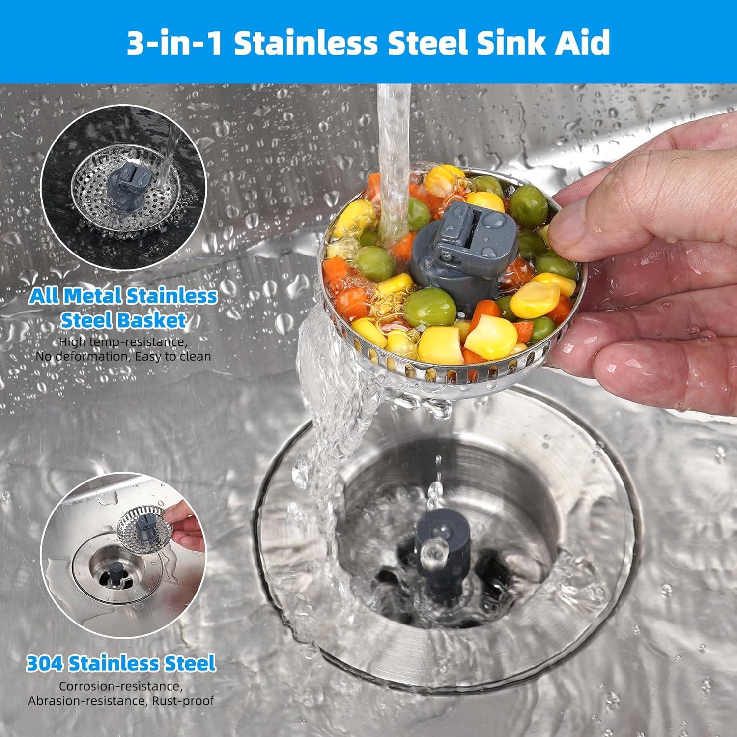 Hibbent 3-in-1 Kitchen Sink Drain Strainer  Stopper , Stainless Steel Pop-Up Design, Anti-Clogging Metal Basket with Handle, Compatible with US Standard 3-1/2" Drain