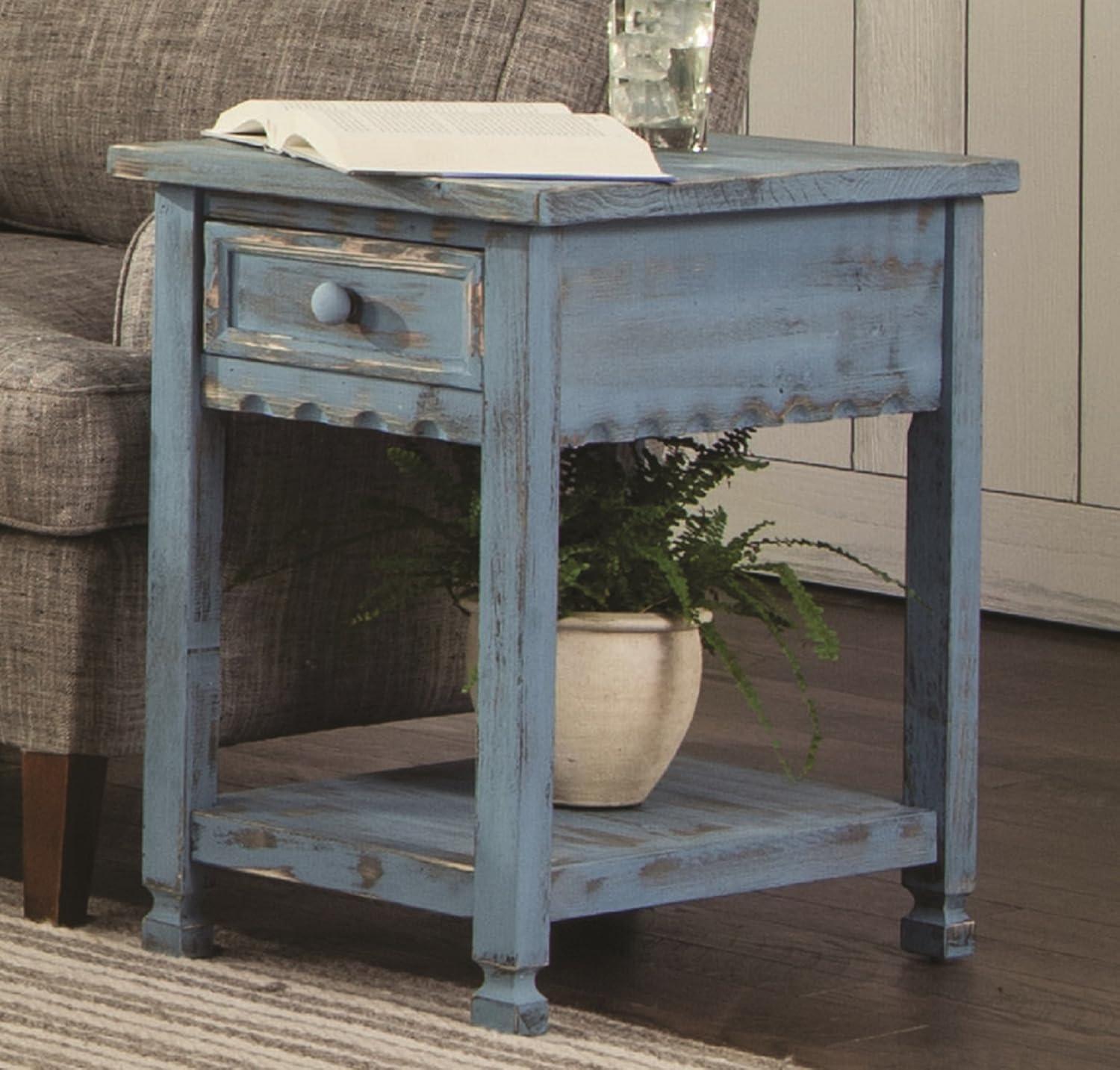 Alaterre Furniture Country Cottage Chairside End Table with 1 Drawer and 1 Shelf, Square Turned Legs, Farmhouse Style for Living Room, Antique Blue Finish