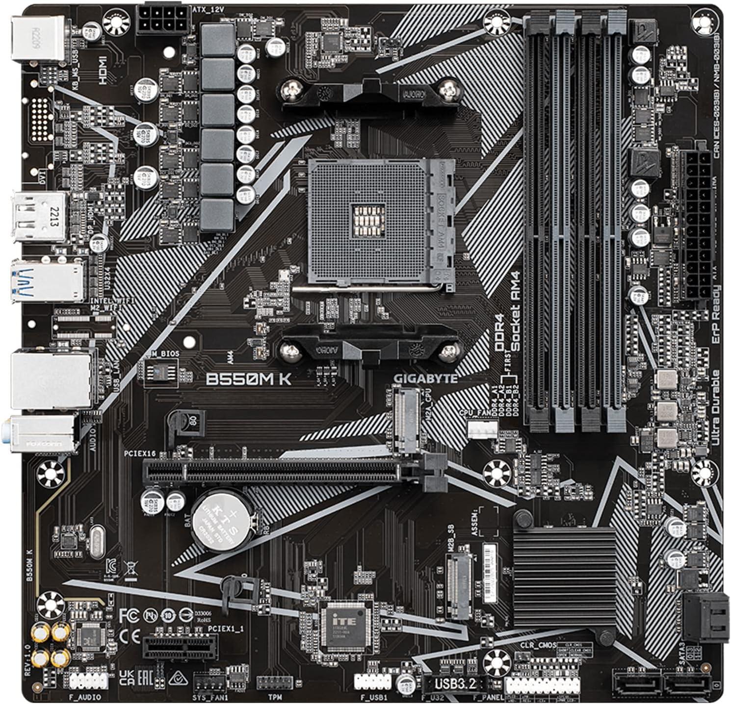 GIGABYTE B550M K AM4 AMD B550 Micro-ATX Motherboard with Dual M.2, SATA 6Gb/s, USB 3.2 Gen 1, Realtek GbE LAN, PCIe 4.0