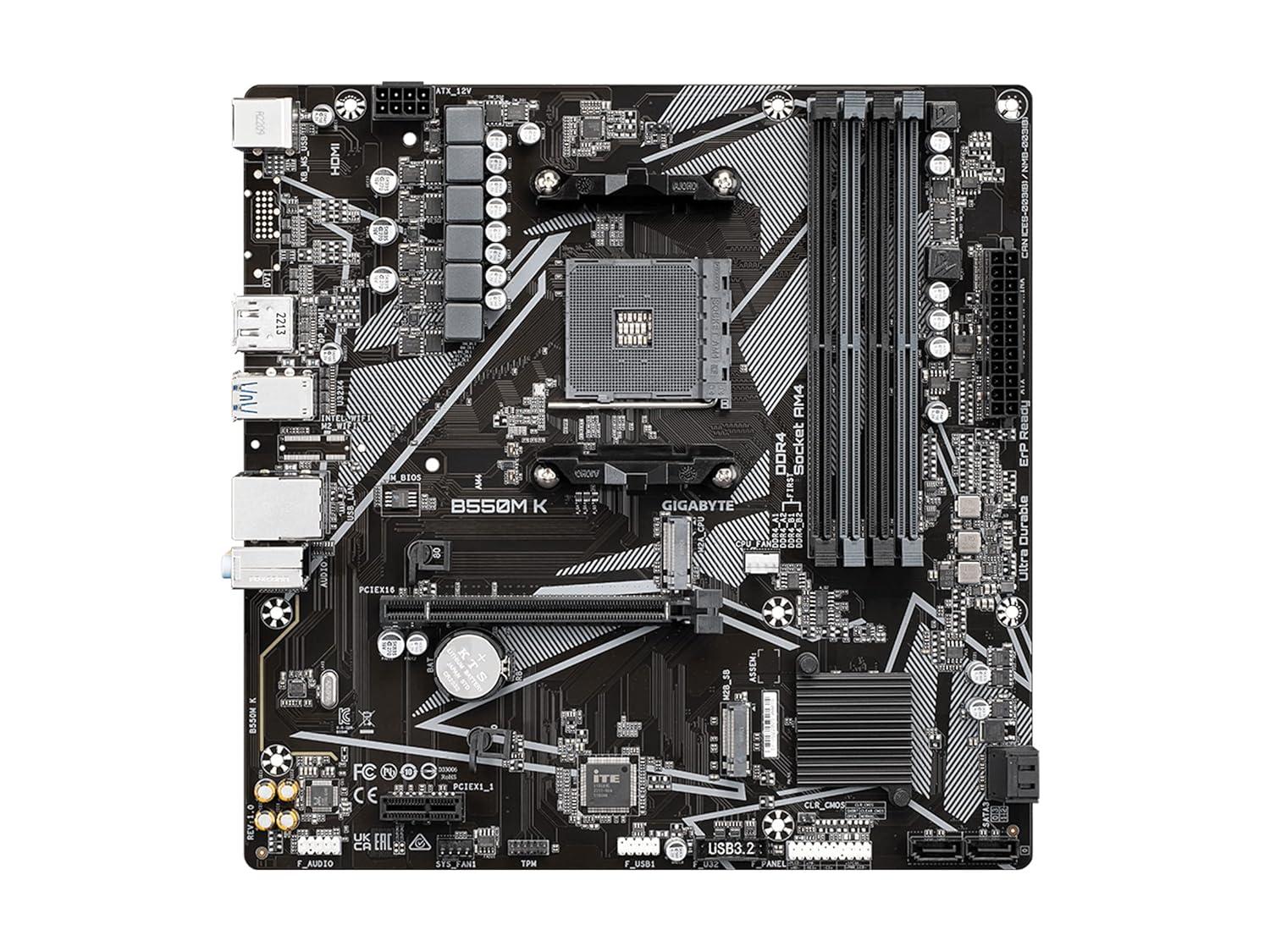 GIGABYTE B550M K AM4 AMD B550 Micro-ATX Motherboard with Dual M.2, SATA 6Gb/s, USB 3.2 Gen 1, Realtek GbE LAN, PCIe 4.0