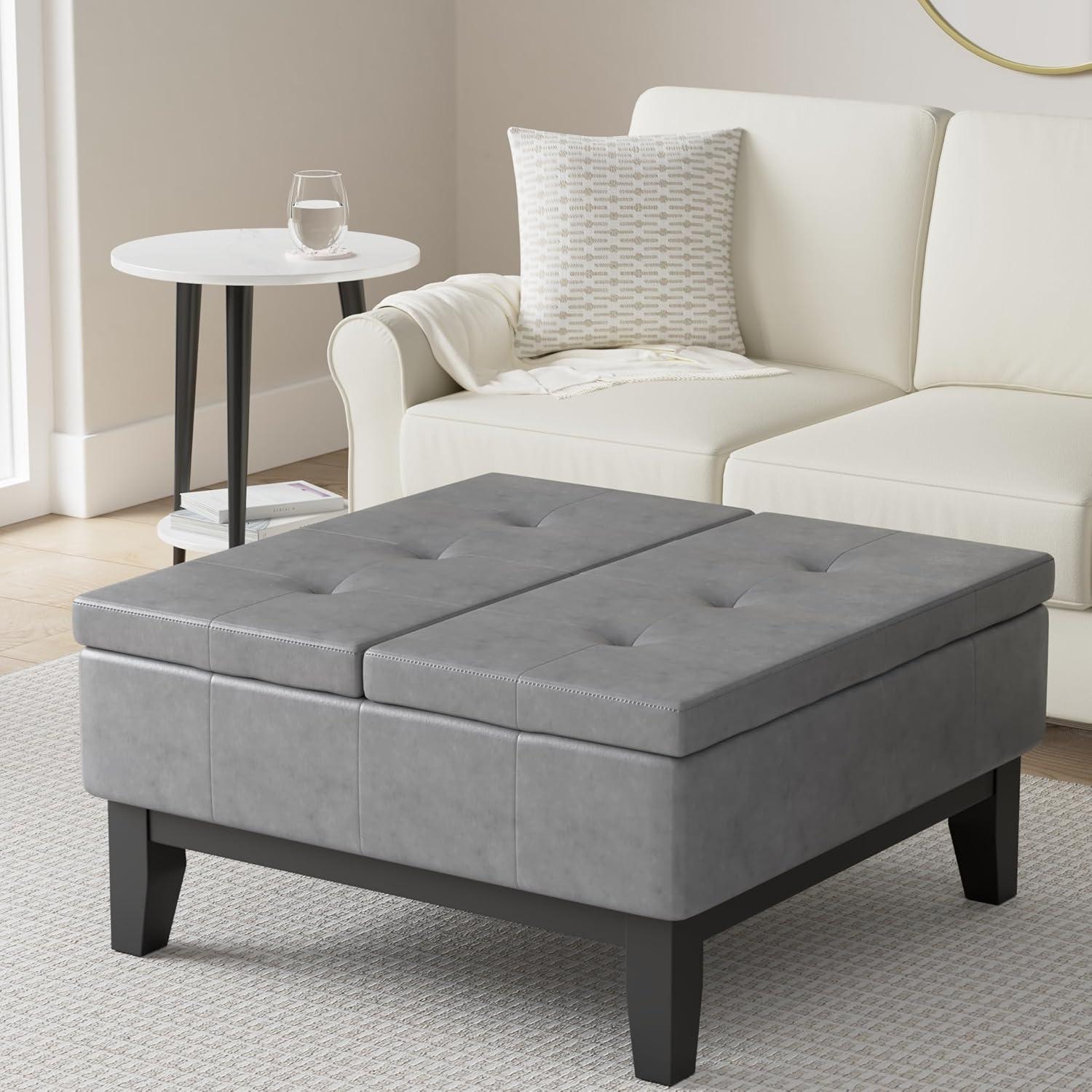 Simpli Home Dover 36"W Upholstered Square Coffee Table Storage Ottoman with Split Tufted Lift Top