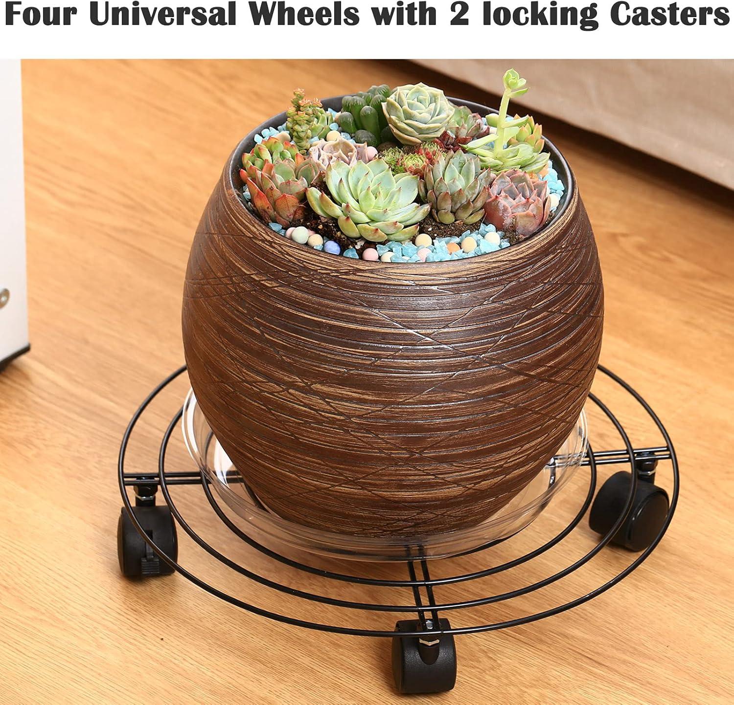 5 Packs Large Metal Plant Caddy 13.8” Plant Dolly with Wheels Heavy-Duty Wrought Iron Rolling Plant Stand with Casters for Indoor and Outdoor Plant Pot Rollers Black, Plastic Saucers Included