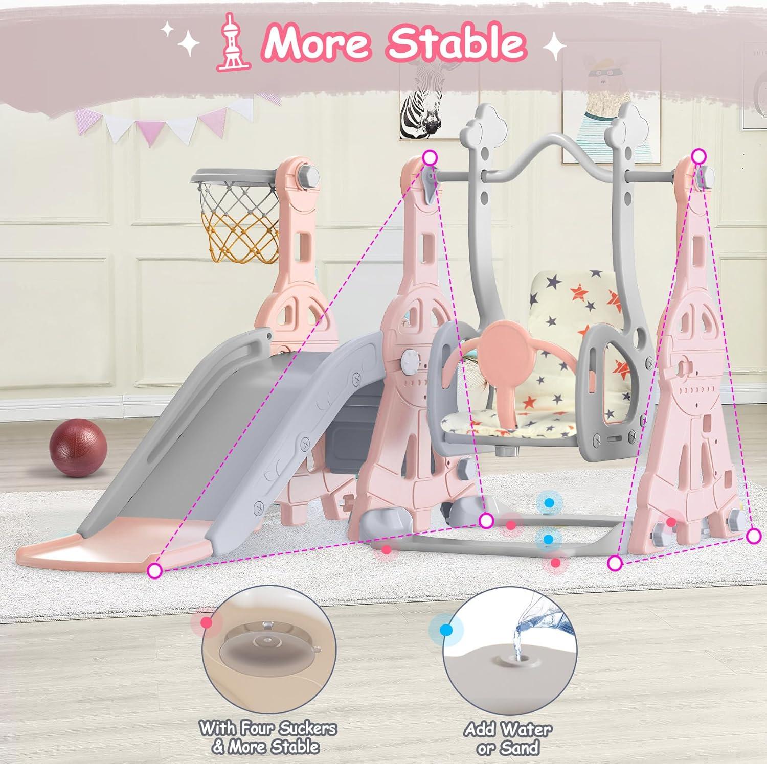 Pink and Gray 4-in-1 Toddler Slide and Swing Set