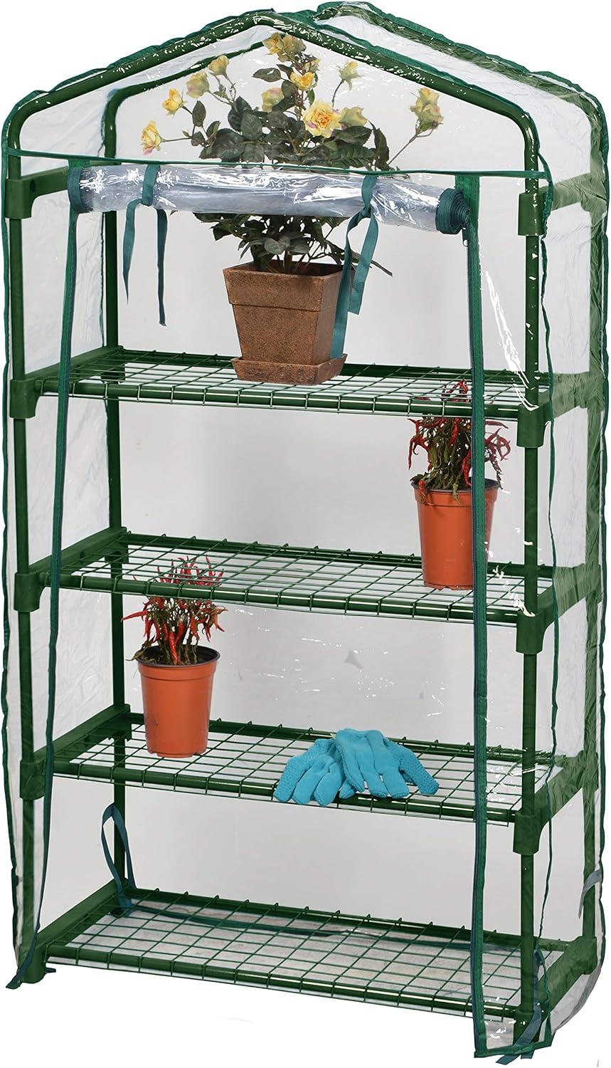 Small Green Steel Frame PVC Covered 4-Tier Greenhouse