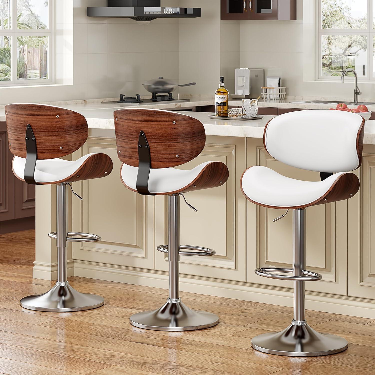 Fijinhom Bar Stools Set of 2, Adjustable Swivel Barstools with Bentwood Back & Leather Seat for Kitchen, Bar, Dining Room