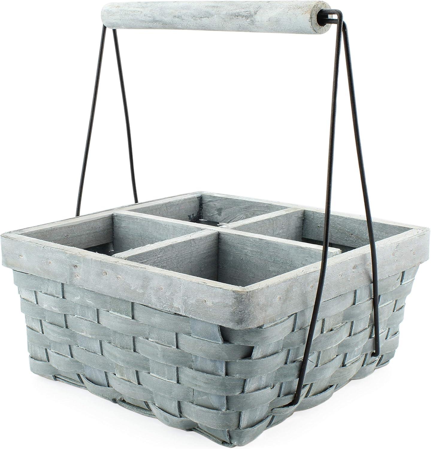 AuldHome Design Gray Wood Basket Caddy, 4-Compartment Carry-All Divided Organizer