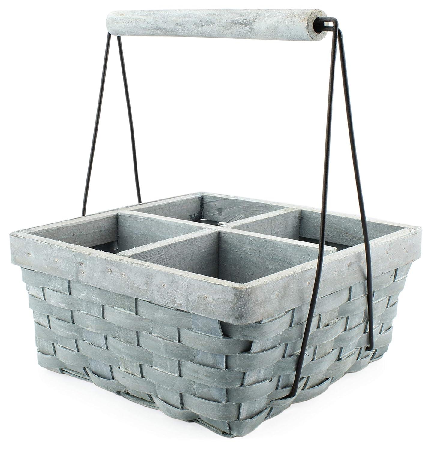AuldHome Design Gray Wood Basket Caddy, 4-Compartment Carry-All Divided Organizer