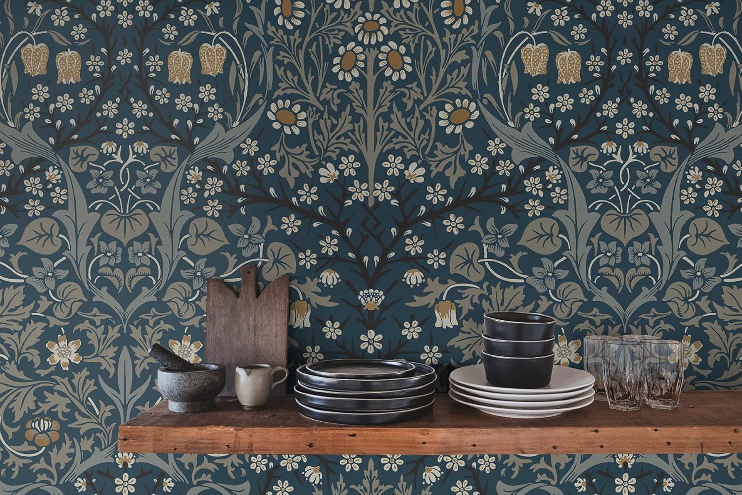 NextWall  Victorian Garden Floral Peel and Stick Wallpaper 20.9 in. W x 18 ft. L - Aegean Blue & Warm Stone