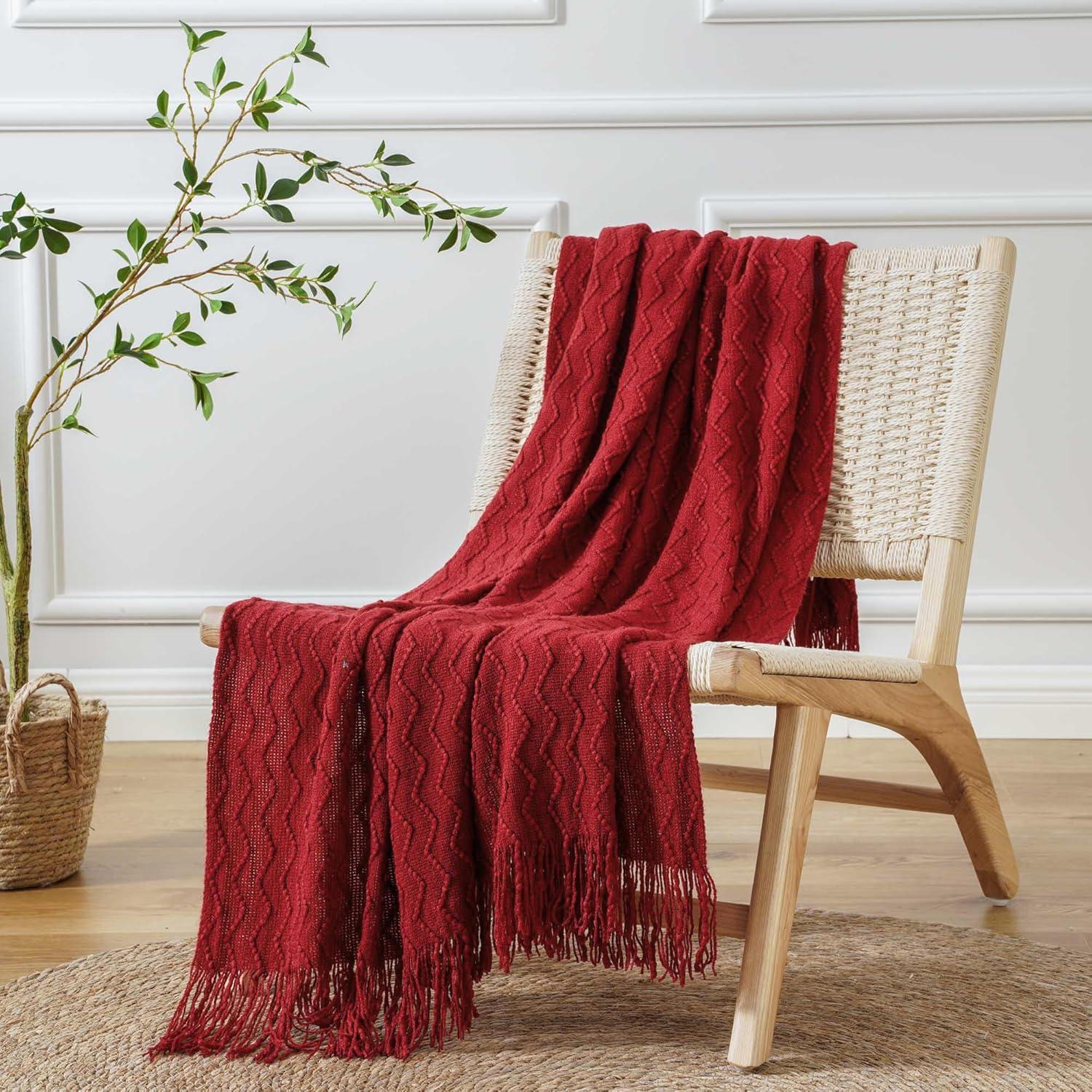 RPQZ Maroon Red Knit Throw Blanket Couch, Soft Knitted Boho Farmhouse Home Decor Woven Throw, Cozy Decorative Afghan Bed Sofa, Outdoor Summer Fall Gift Lightweight, Burgundy Wine Cranberry, 50x60