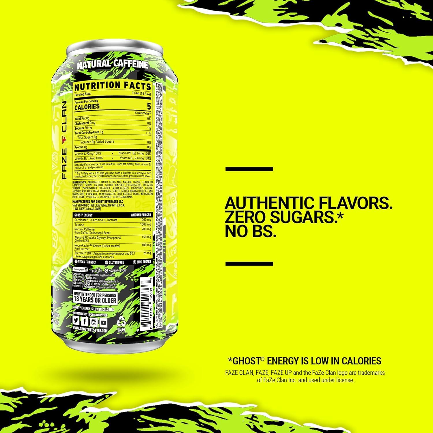 GHOST Energy Performance Energy Drink, Faze Clan "Faze Up" - 12-Pack x 16oz Cans - Energy & Focus - Zero Sugars, 200mg of Natural Caffeine, L-Carnitine & Taurine - Gluten Free & Vegan