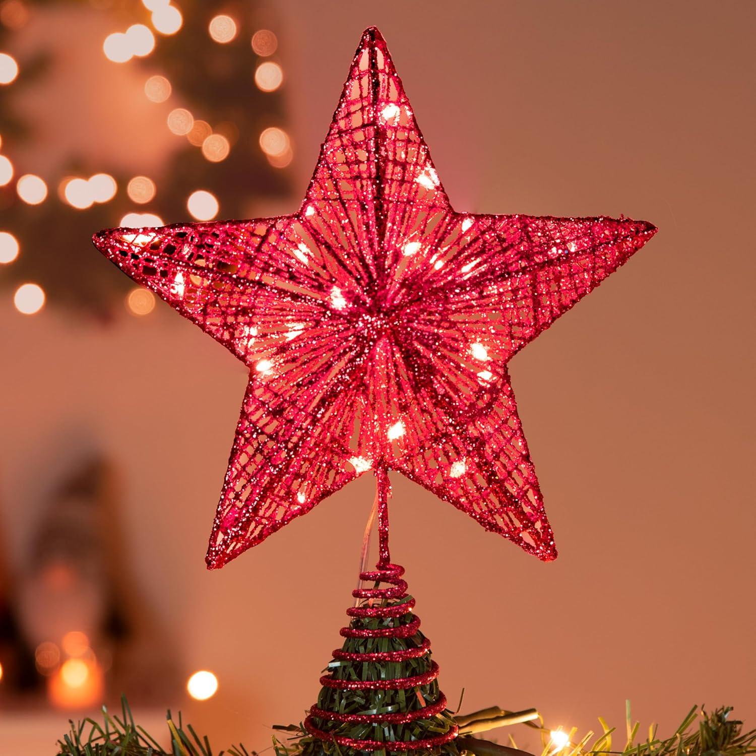 Red Glitter Metal Star Christmas Tree Topper with LED Lights