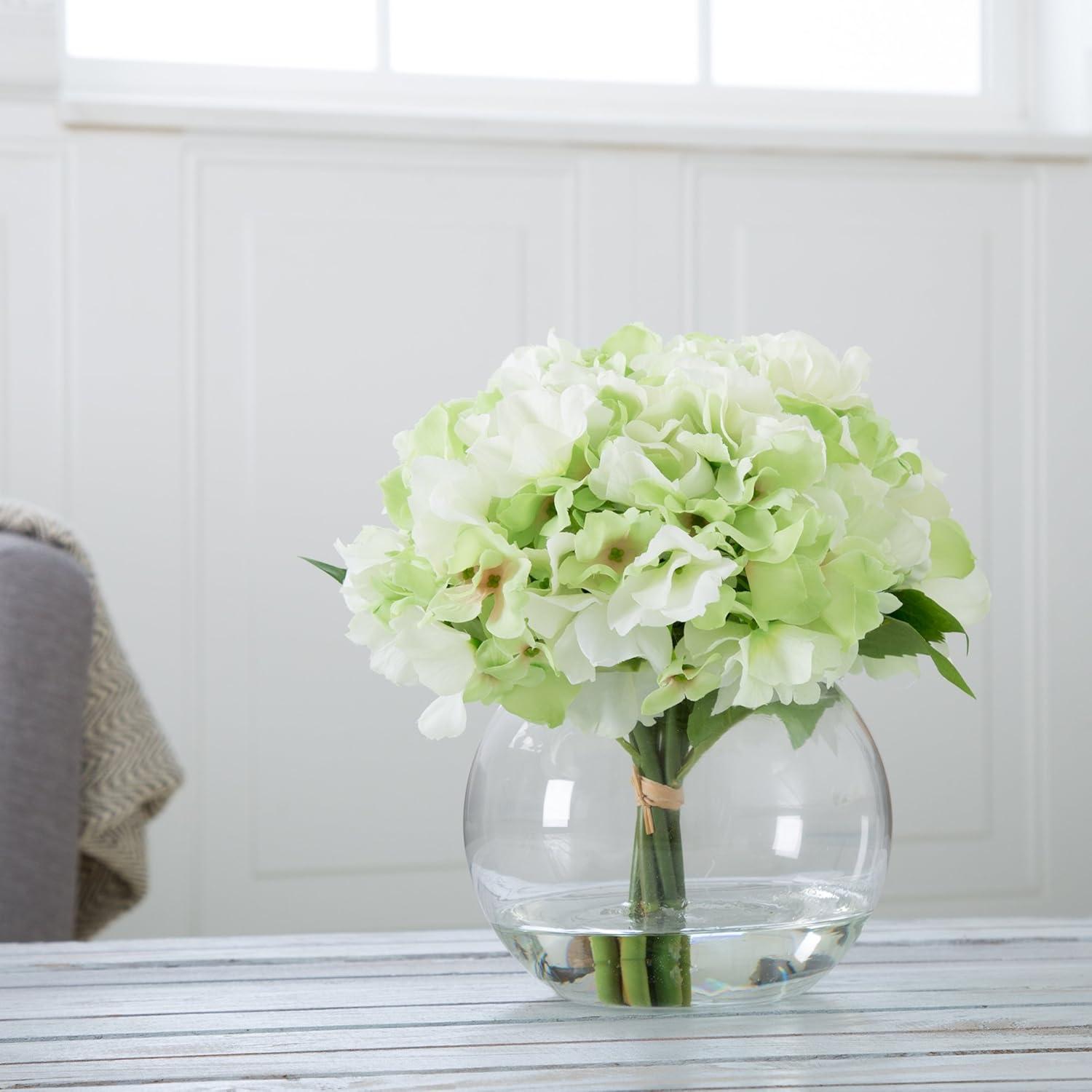 Hydrangea Floral Arrangement in Vase - 5-Count Artificial Flowers with Leaves in Faux Water-Filled Decorative Clear Glass Bowl by Pure Garden (Green)