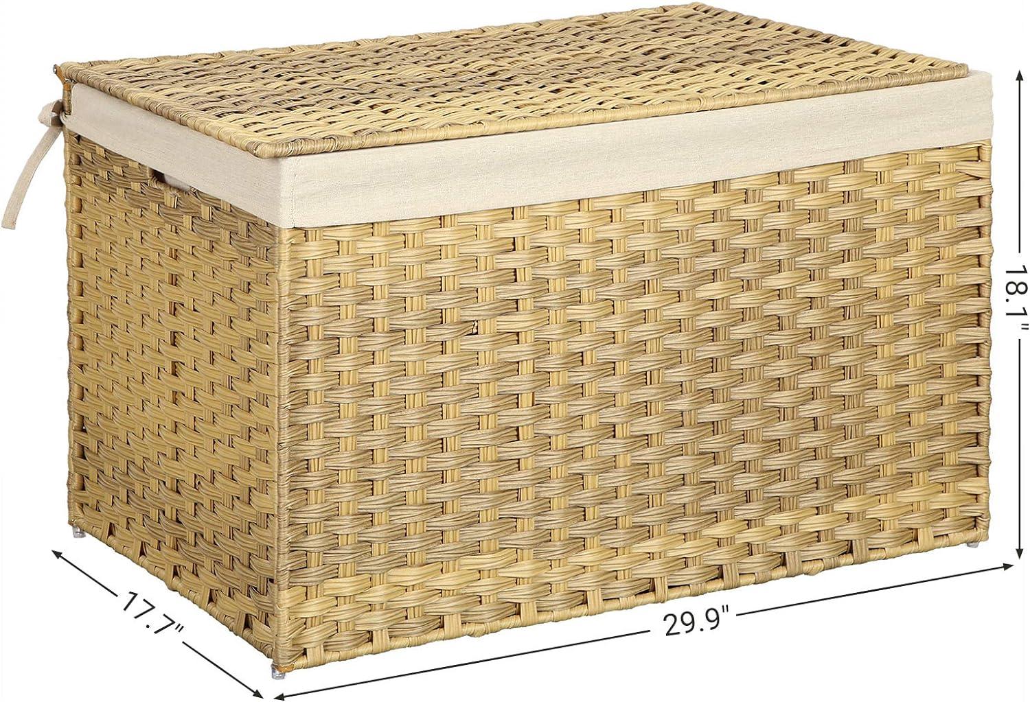 SONGMICS Storage Basket with Lid, 42.3 Gallon (160L) Storage Bin, Woven Blanket Storage Basket with Handles, Foldable, Removable Liner, Natural