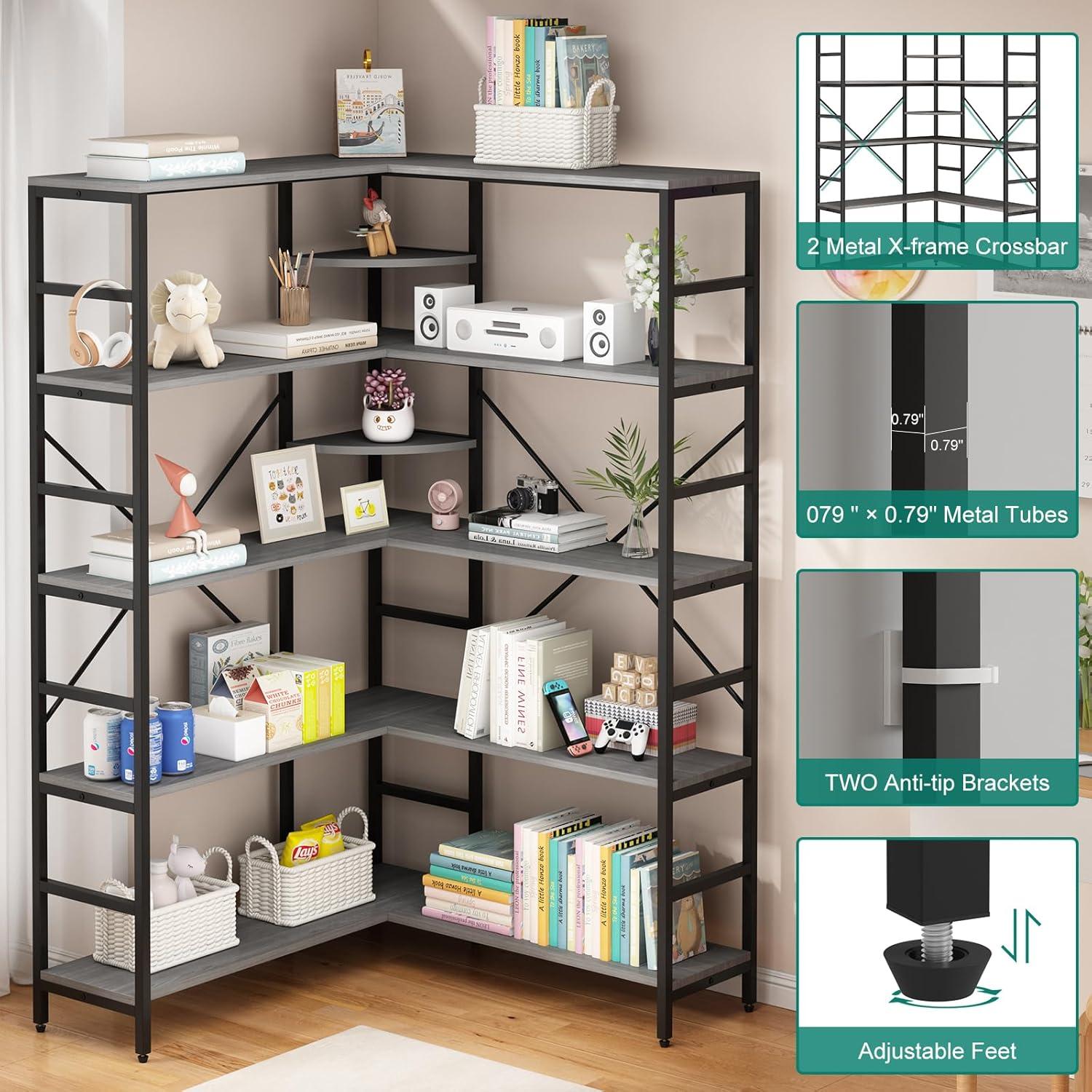 L-Shaped Corner Bookshelf, 5-Tier Industrial Bookcase with Heavy-Duty Metal Frame, Tall Storage Display Shelf for Bedroom, Living Room, and Home Office