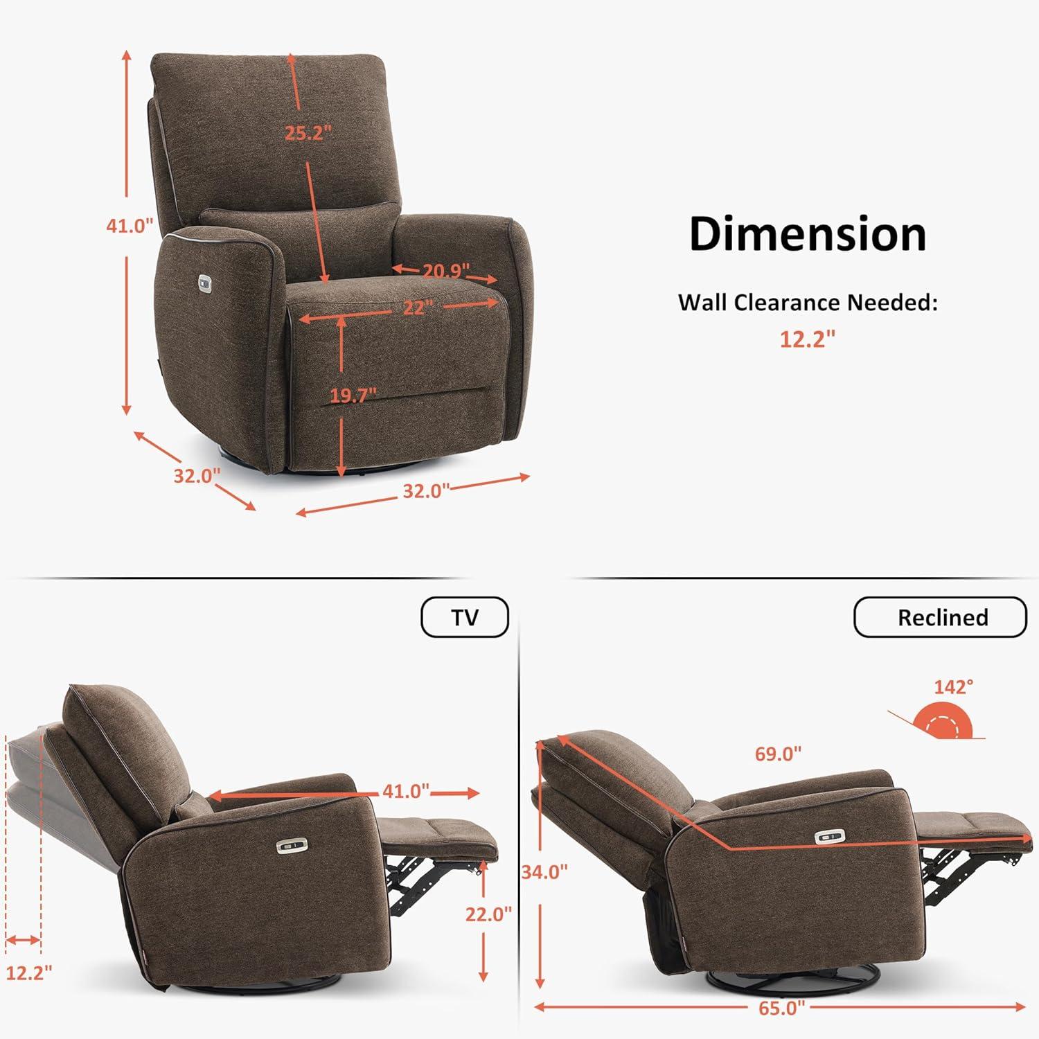 Swivel Glider Power Recliner Chair, Electric Rocker Recliner Chairs with USB Ports For Nursery, Fabric