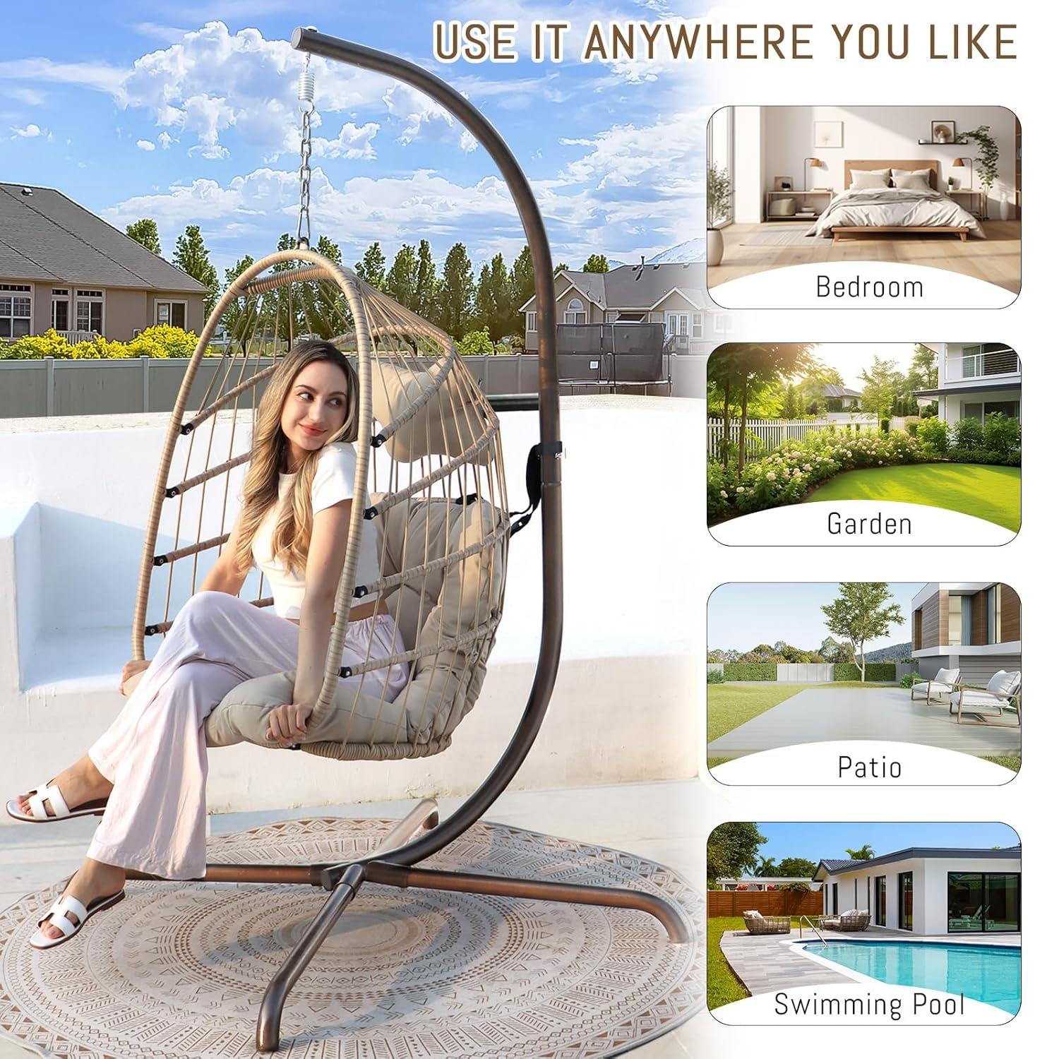 RADIATA Outdoor Foldable Hanging Egg Chair with Stand, PE Wicker Swing Chair with Cushion and Headrest, 350 lbs Capacity, Beige