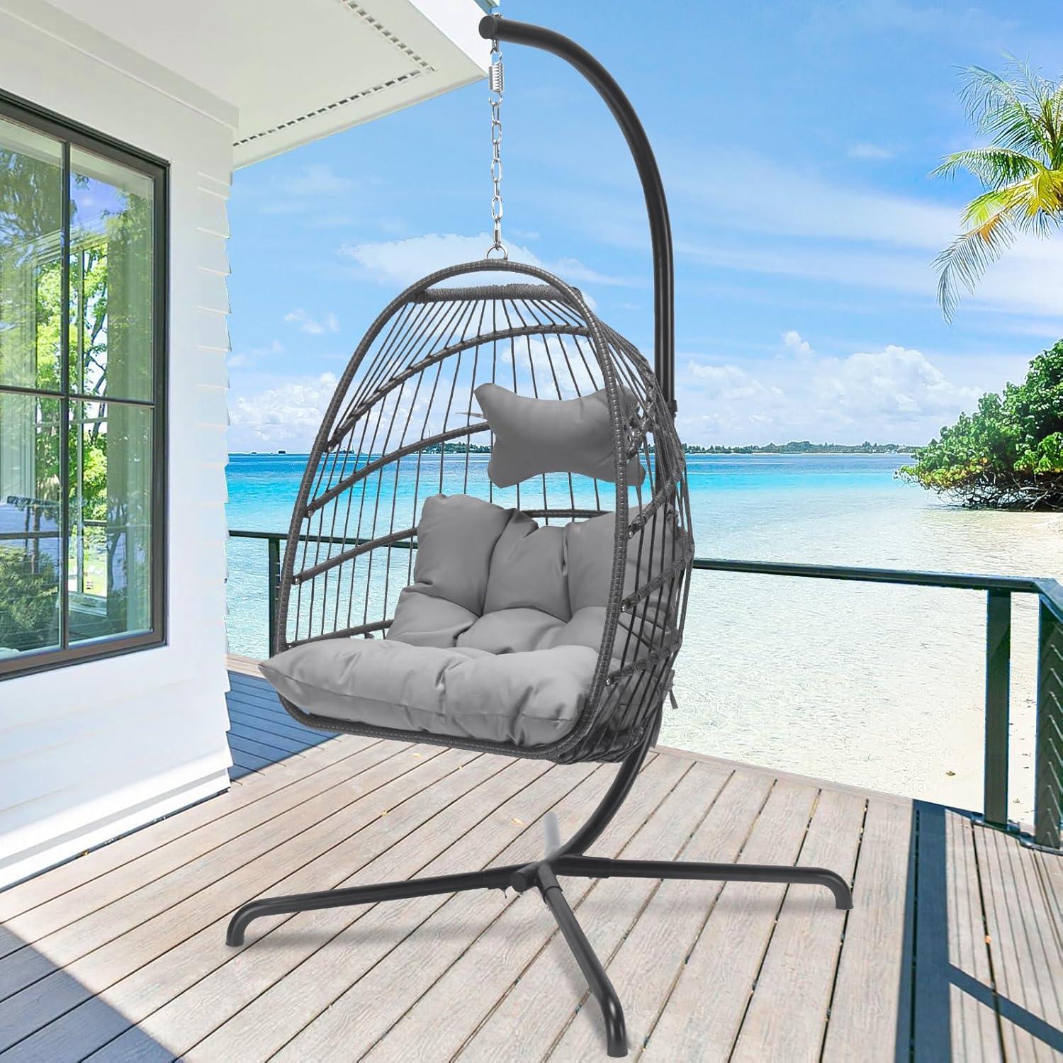 NICESOUL All Weather Swing Egg Chair Indoor Outdoor, Comfy Rattan Patio Basket Hanging Chair with Stand and Cushions, 350lbs Heavy Duty Sturdy Egg Hammock Chairs for Porch Balcony Deck Garden, Gray