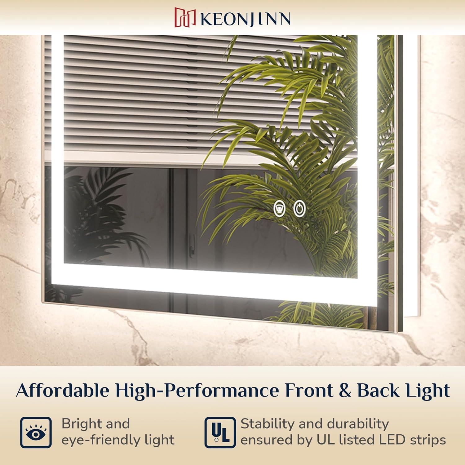 Keonjinn LED Bathroom Vanity Mirror, Front Light & Backlit, 3 Color Temperatures, Anti Fog, Double Lights Strips, 24"x32"