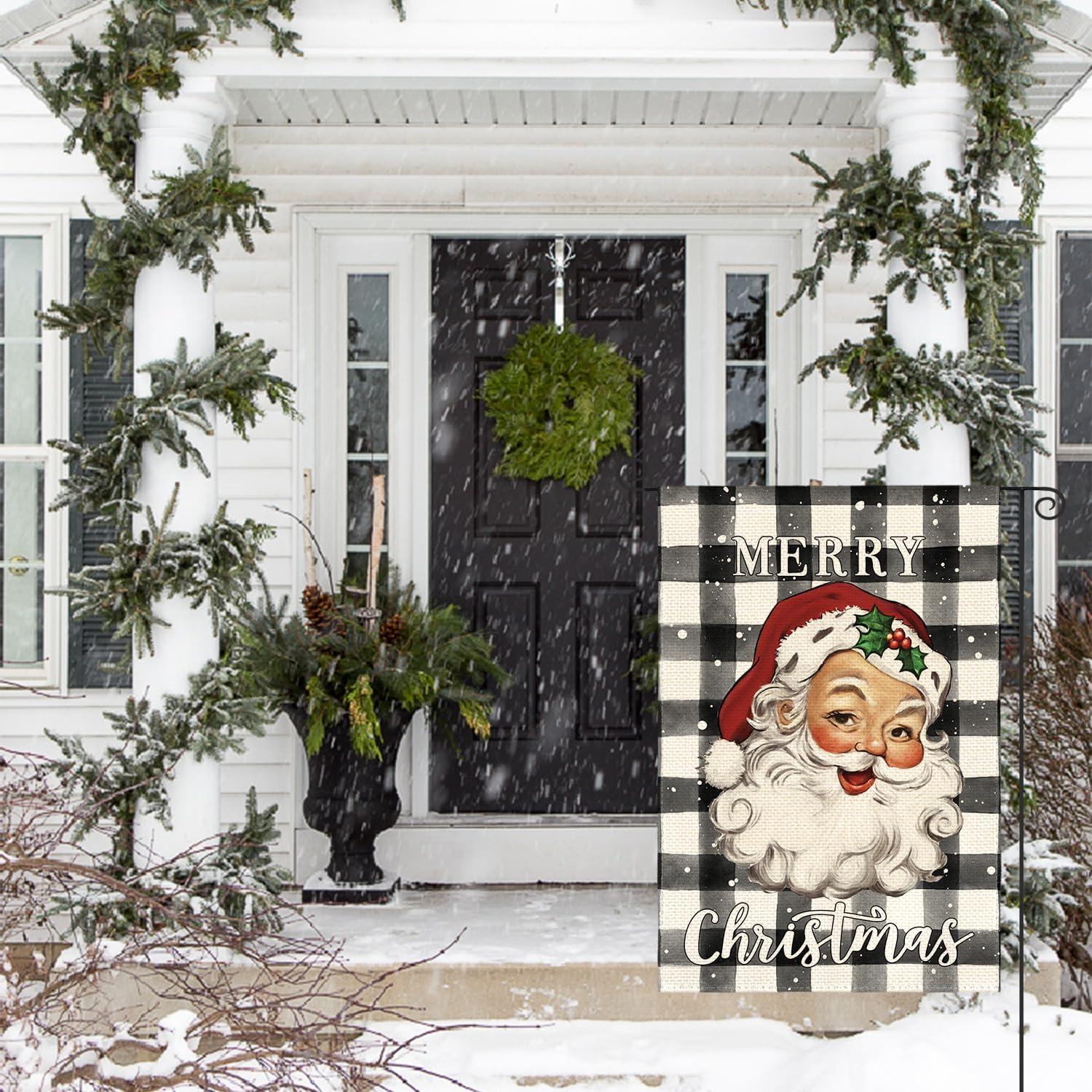 PHYHOO  Merry Christmas Santa Claus Garden Flag Double Sided, Watercolor Buffalo Plaid Winter Holiday Yard Outdoor Decorative Flag White